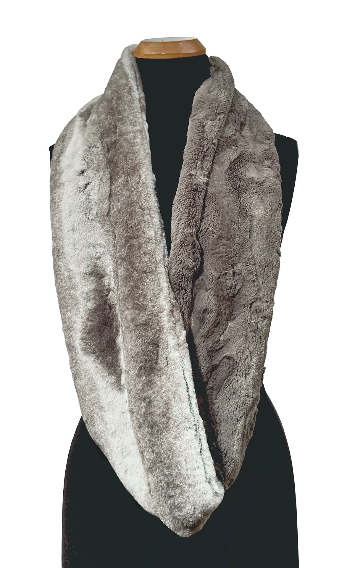 Two-Tone Infinity Scarf in Classic Luxury Driftwood Faux Fur and Cuddly Taupey Faux Fur. Shown with both faux furs draped equally across the mannequin body. Made in Seattle, WA, USA by Pandemonium Seattle.