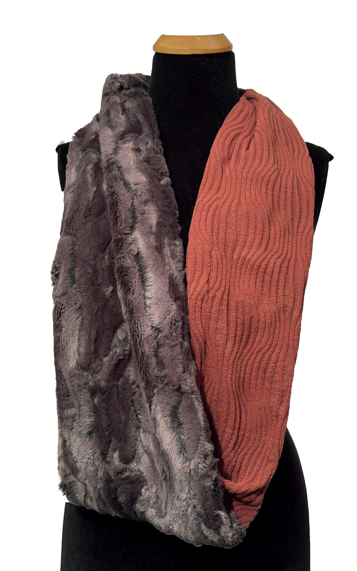 Infinity Scarf in Two-Tone Fractal Burnt Sienna and Espresso Bean Faux Fur. Shown draped loosely around mannequin. Made in Seattle, WA, USA by Pandemonium Seattle.