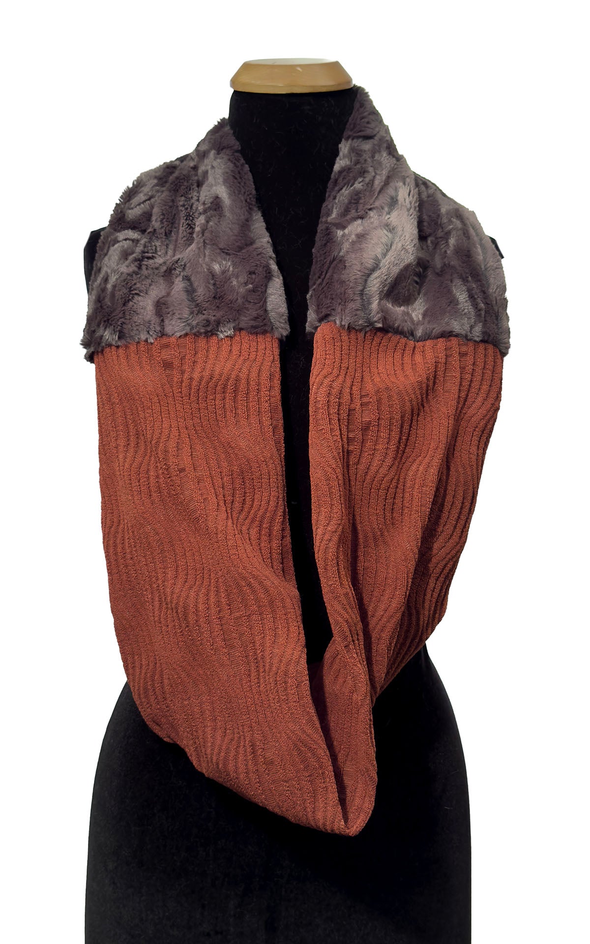 Infinity Scarf in Two-Tone Fractal Burnt Sienna and Espresso Bean Faux Fur. Shown draped with Espresso Bean Faux Fur at neckline and Fractal Burnt Sienna below. Made in Seattle, WA, USA by Pandemonium Seattle.