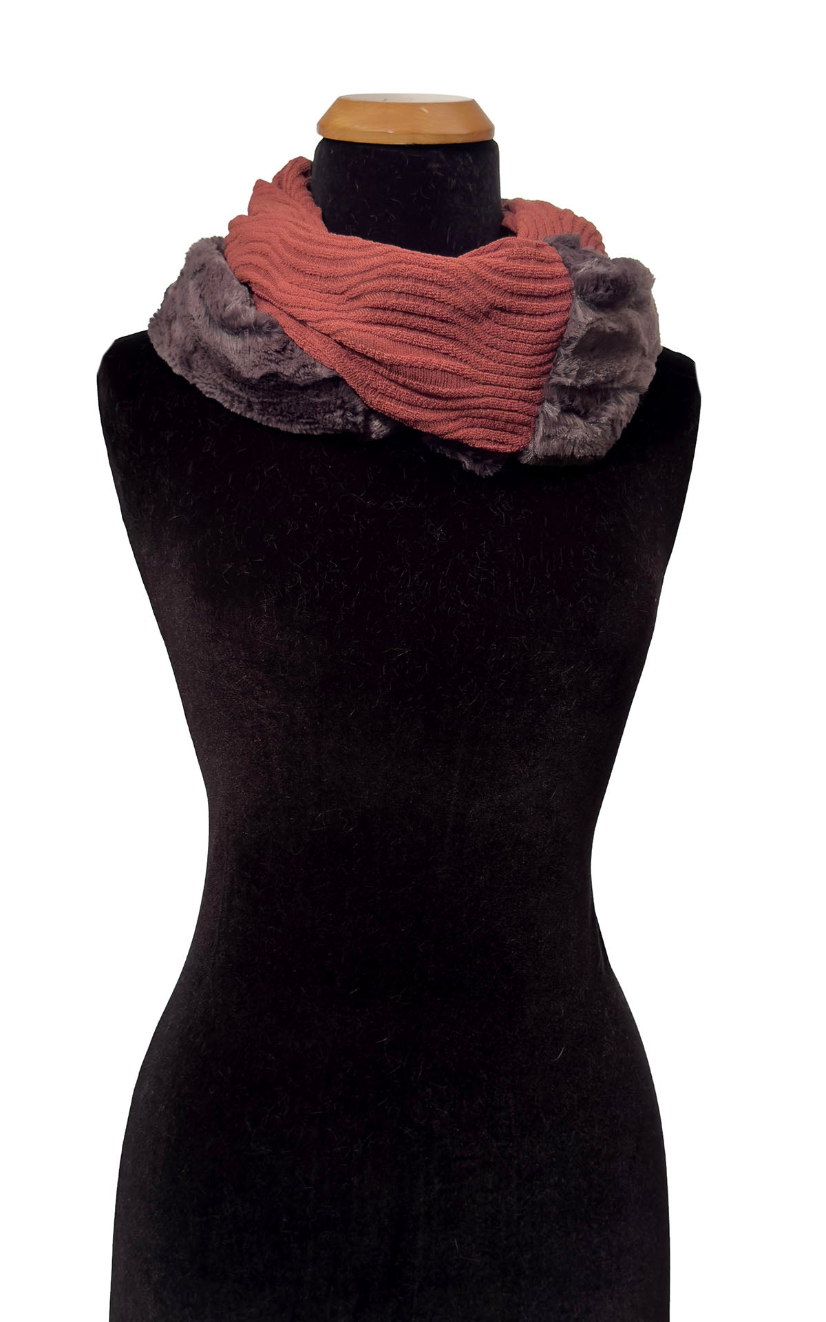 Infinity Scarf in Two-Tone Fractal Burnt Sienna and Espresso Bean Faux Fur. Shown looped twice. Made in Seattle, WA, USA by Pandemonium Seattle.