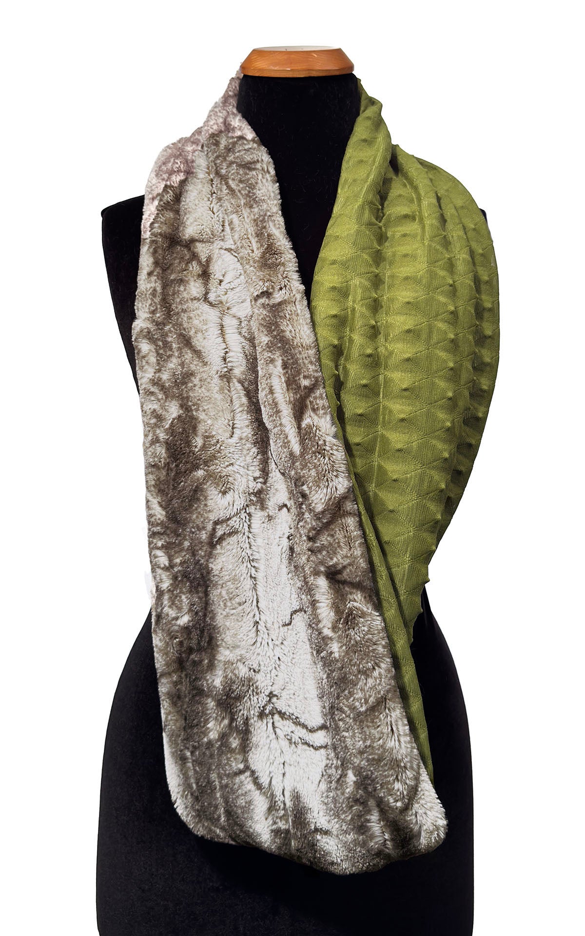 Infinity Scarf in Two-Tone Fractal Avocado and Rusty Rock Faux Fur. Shown draped loosely with Rusty Rock Faux Fur and Fractal Avocado. Made in Seattle, WA, USA by Pandemonium Seattle.