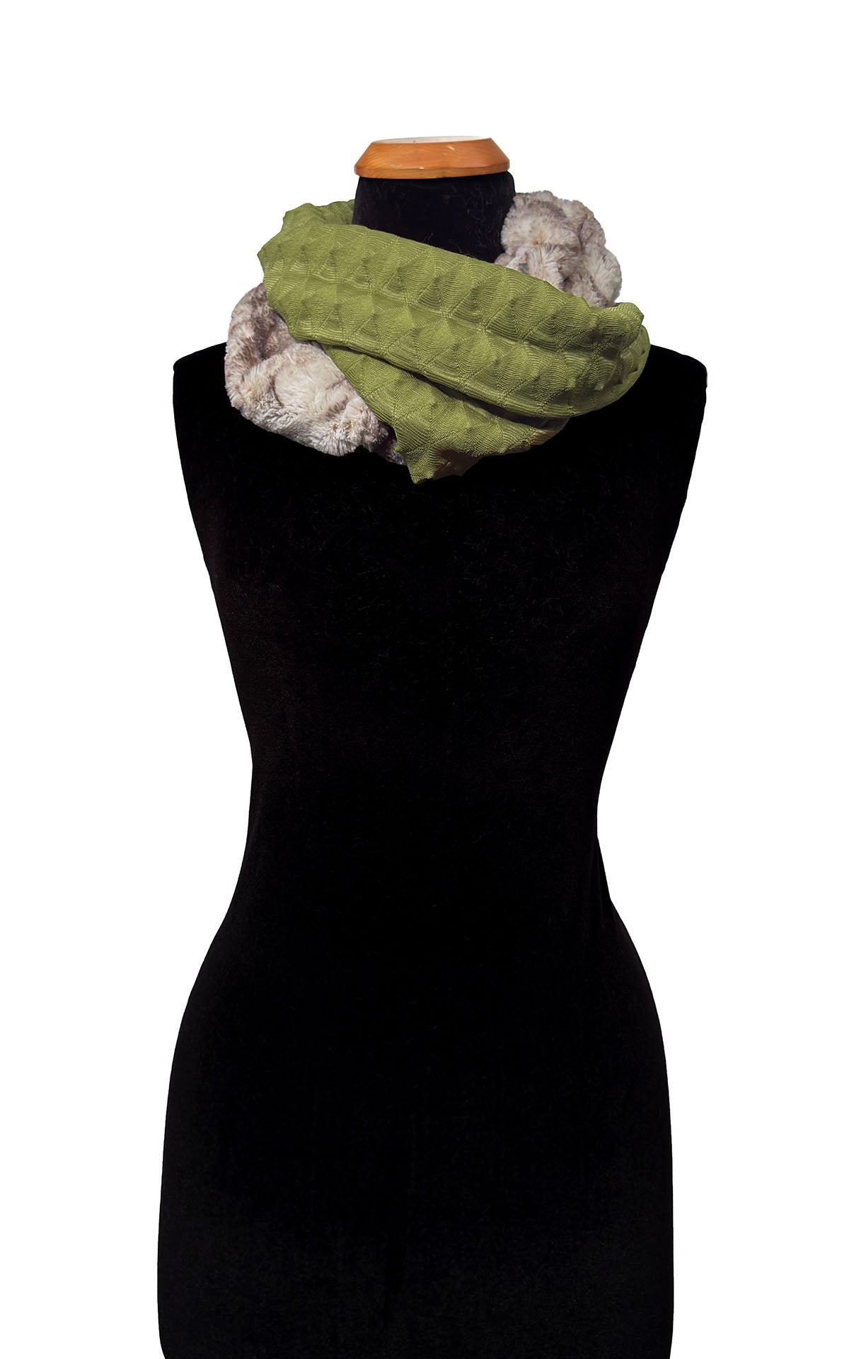 Infinity Scarf in Two-Tone Fractal Avocado and Rusty Rock Faux Fur. Shown looped twice with Rusty Rock Faux Fur and Fractal Avocado. Made in Seattle, WA, USA by Pandemonium Seattle.