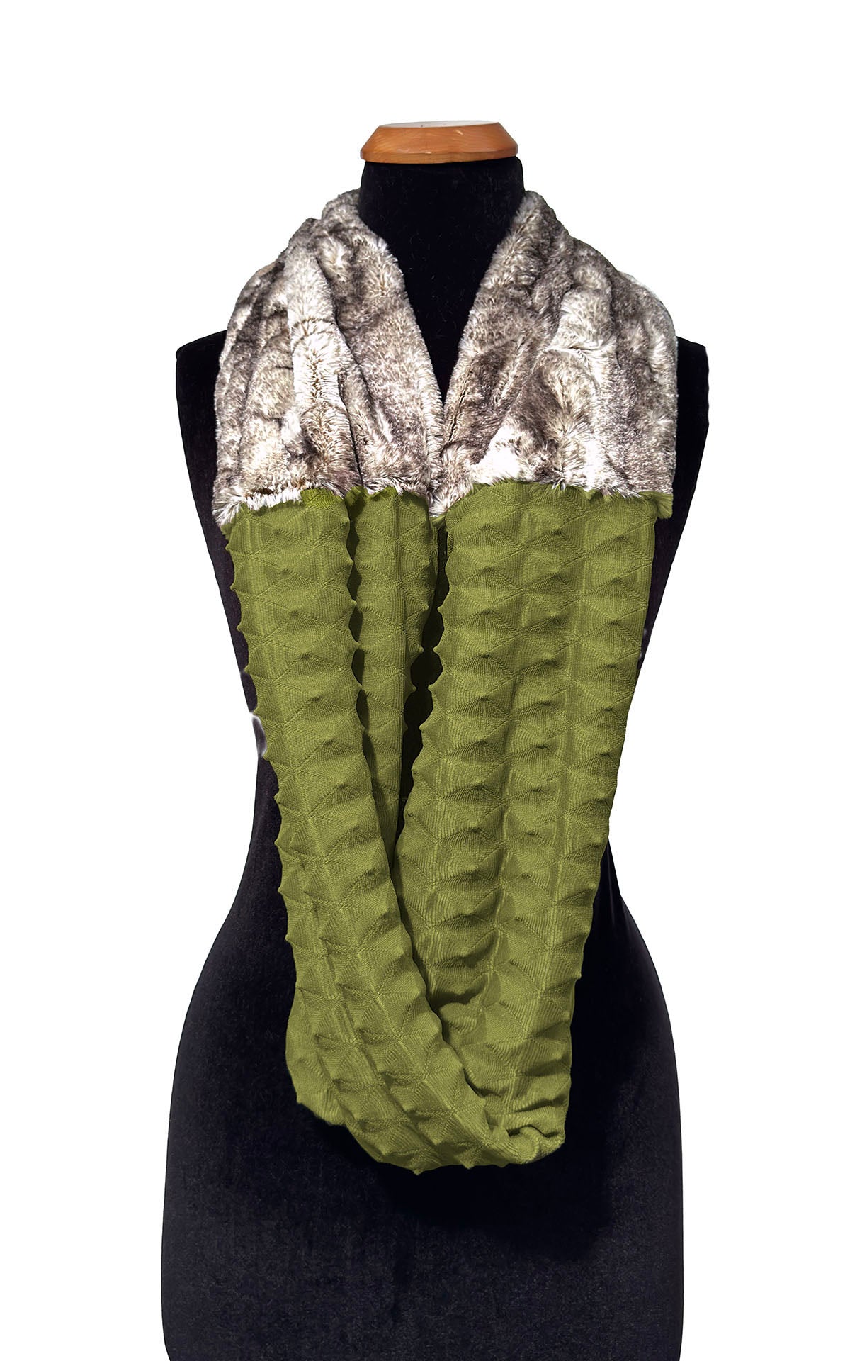 Infinity Scarf in Two-Tone Fractal Avocado and Rusty Rock Faux Fur. Shown draped with Rusty Rock Faux Fur at neckline and Fractal Avocado below. Made in Seattle, WA, USA by Pandemonium Seattle.
