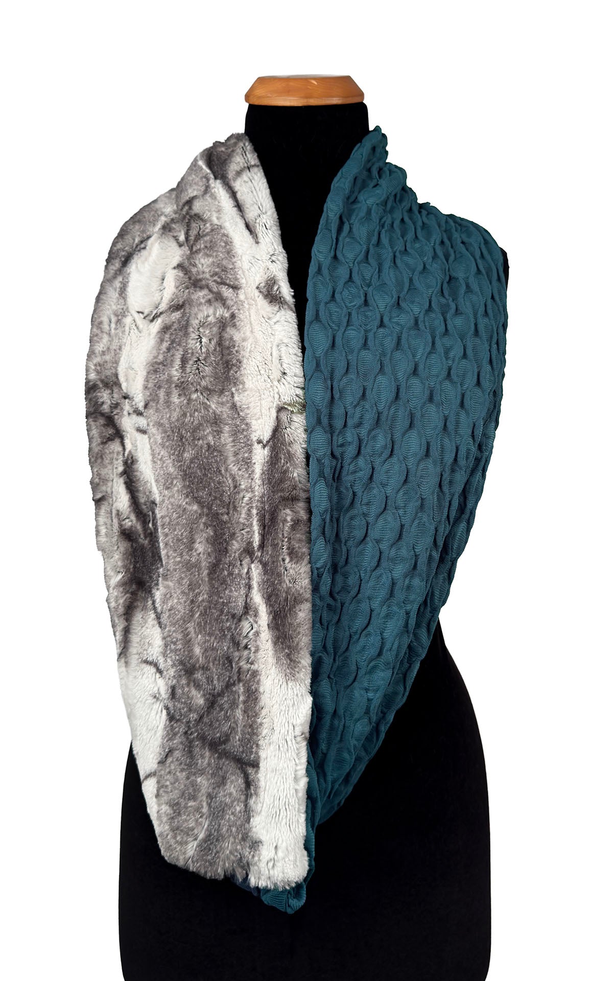 Infinity Scarf in Two-Tone Fractal Cerulean Blue and Smoke Show Faux Fur. Shown draped loosely with Smoke Show Faux Fur and Fractal Cerulean Blue. Made in Seattle, WA, USA by Pandemonium Seattle.
