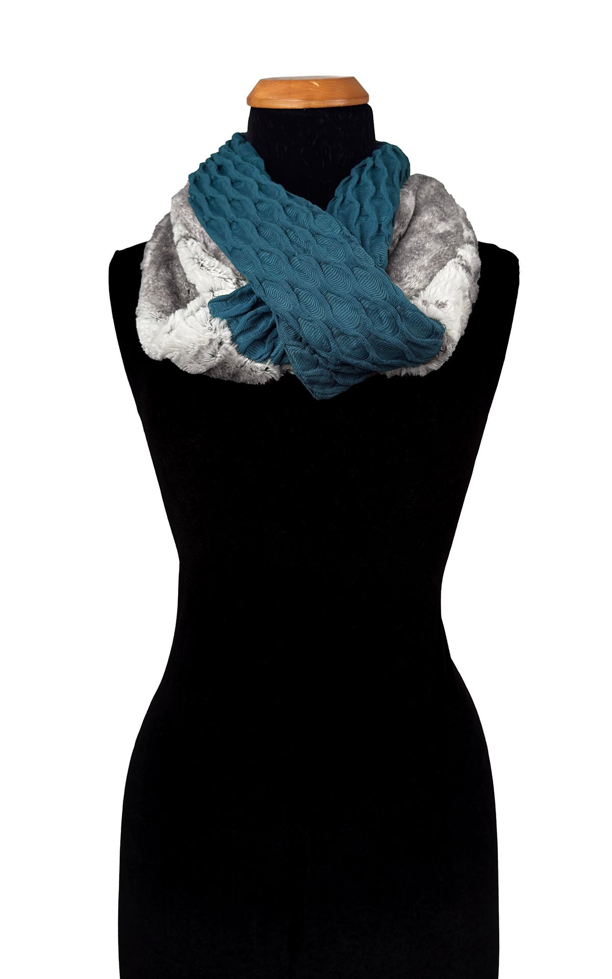 Infinity Scarf in Two-Tone Fractal Cerulean Blue and Smoke Show Faux Fur. Shown looped twice with Smoke Show Faux Fur and Fractal Cerulean Blue. Made in Seattle, WA, USA by Pandemonium Seattle.
