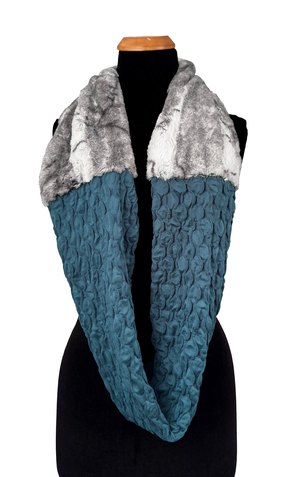 Infinity Scarf in Two-Tone Fractal Cerulean Blue and Smoke Show Faux Fur. Shown with Smoke Show Faux Fur draped around neckline and Fractal Cerulean Blue below. Made in Seattle, WA, USA by Pandemonium Seattle.
