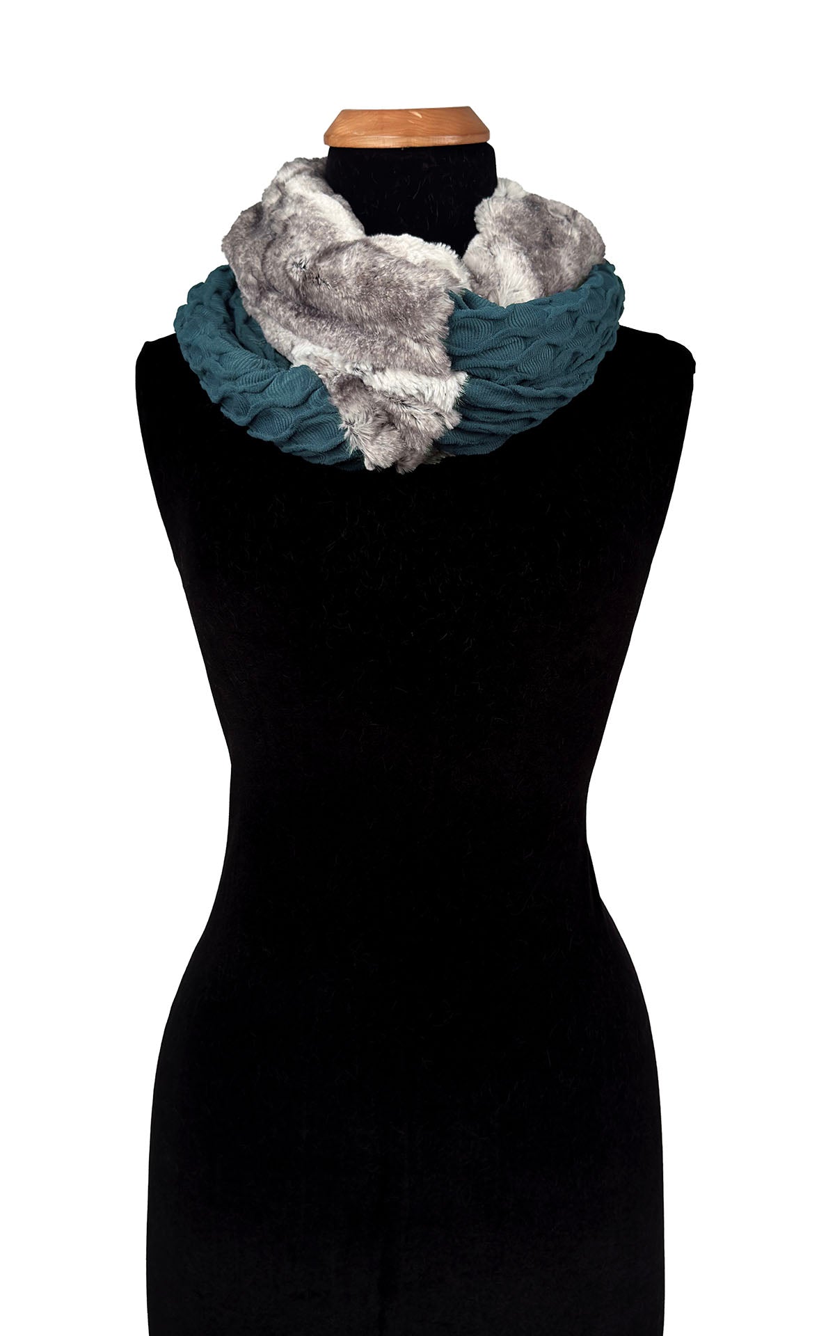 Infinity Scarf in Two-Tone Fractal Cerulean Blue and Smoke Show Faux Fur. shown looped twice with Smoke Show Faux Fur and Fractal Cerulean Blue. Made in Seattle, WA, USA by Pandemonium Seattle.