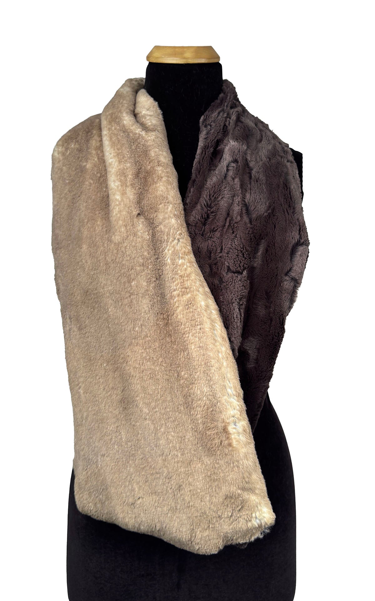 Two-Tone-Infinity Scarf in Coastal Plush Golden Bluff Faux Fur and Classic Luxury Espresso Bean Faux Fur. Shown worn loosely across the mannequin body. Made in Seattle, WA, USA by Pandemonium Seattle.