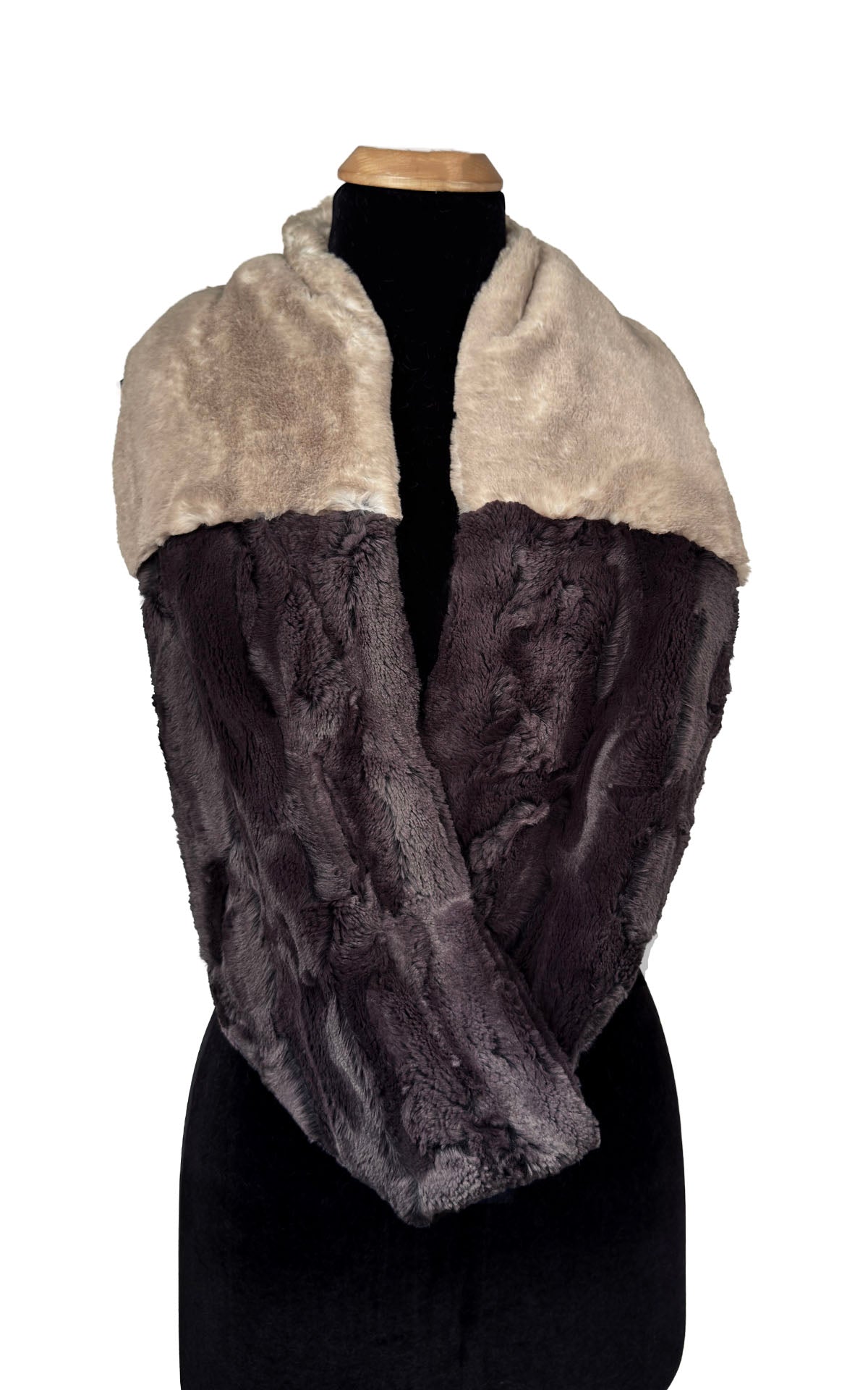 Two-Tone-Infinity Scarf in Coastal Plush Golden Bluff Faux Fur and Classic Luxury Espresso Bean Faux Fur. Shown draped loosely across the mannequin body. Made in Seattle, WA, USA by Pandemonium Seattle.