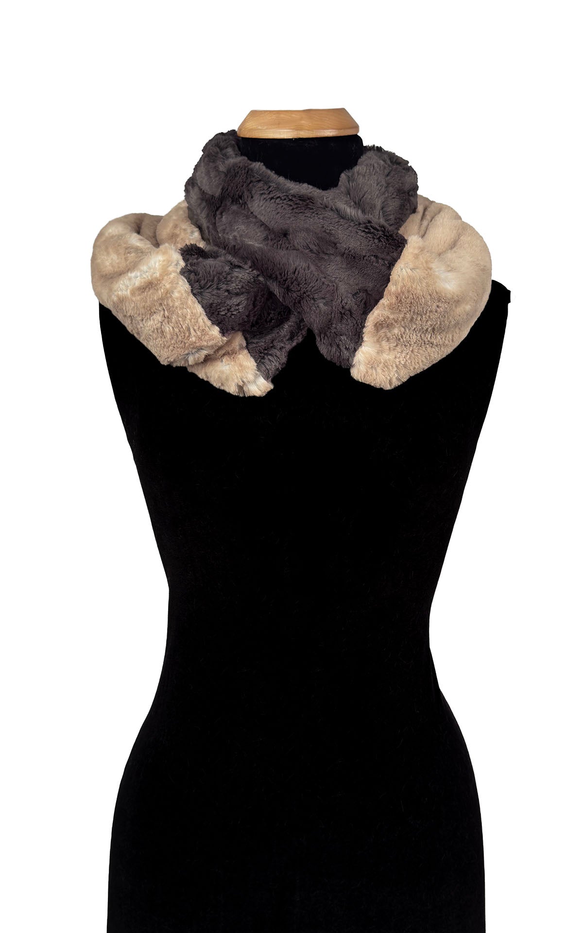 Two-Tone-Infinity Scarf in Coastal Plush Golden Bluff Faux Fur and Classic Luxury Espresso Bean Faux Fur. Shown worn looped twice. Made in Seattle, WA, USA by Pandemonium Seattle.
