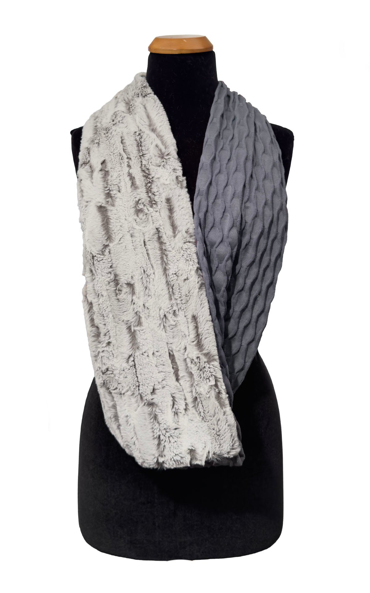 Infinity Scarf in Two-Tone Fractal Gray and Khaki Faux Fur. Additional view of draped loosely with Khaki Faux Fur and Fractal Gray. Made in Seattle, WA, USA by Pandemonium Seattle.