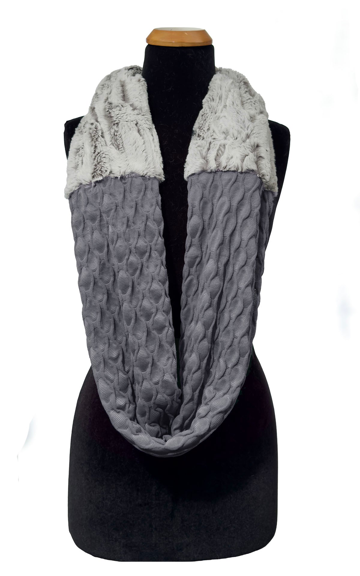 Infinity Scarf in Two-Tone Fractal Gray and Khaki Faux Fur. Shown draped loosely with Khaki Faux Fur and Fractal Gray. Made in Seattle, WA, USA by Pandemonium Seattle.