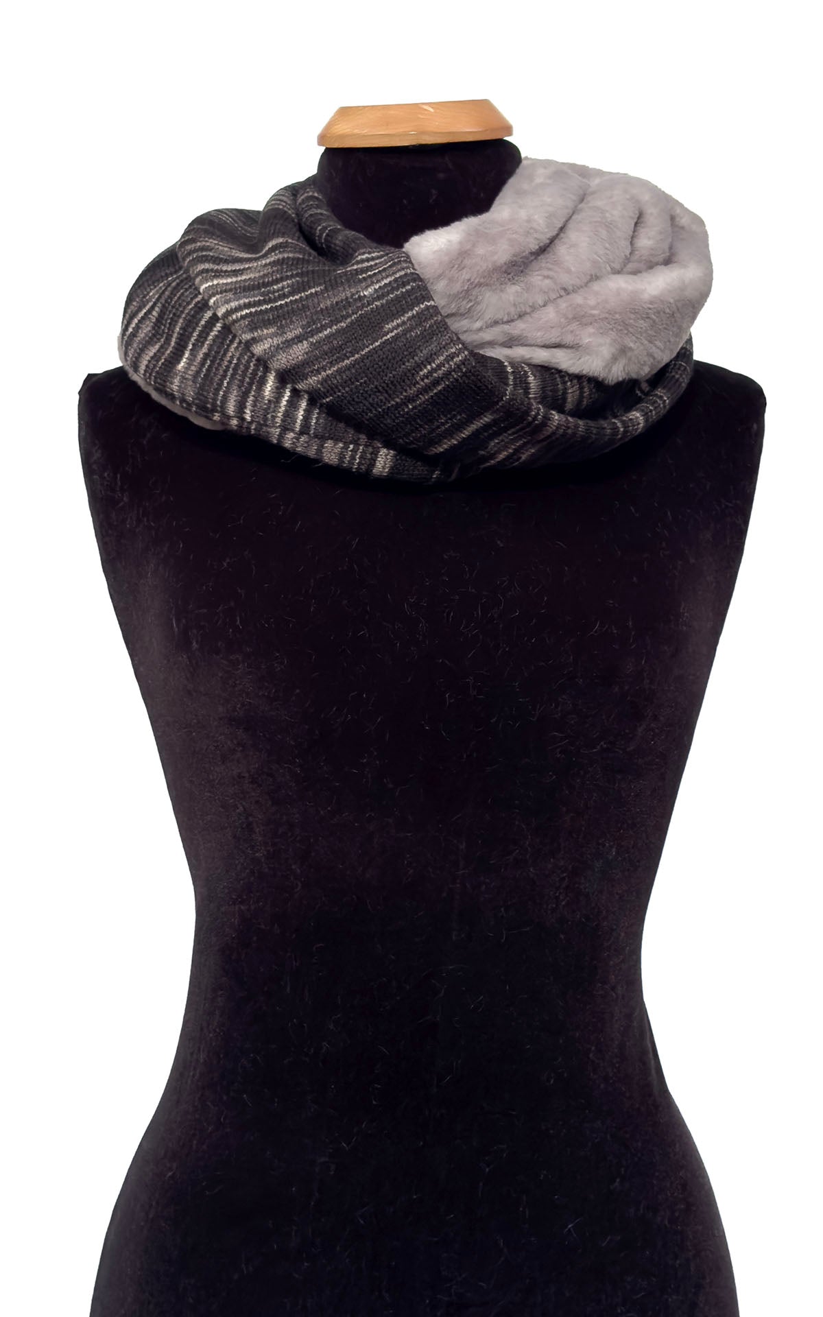 Infinity Scarf in Blackberry Cobbler Knit and Olympic Fog Faux Fur. Shown draped around neckline. Made in Seattle, WA, USA by Pandemonium Seattle.