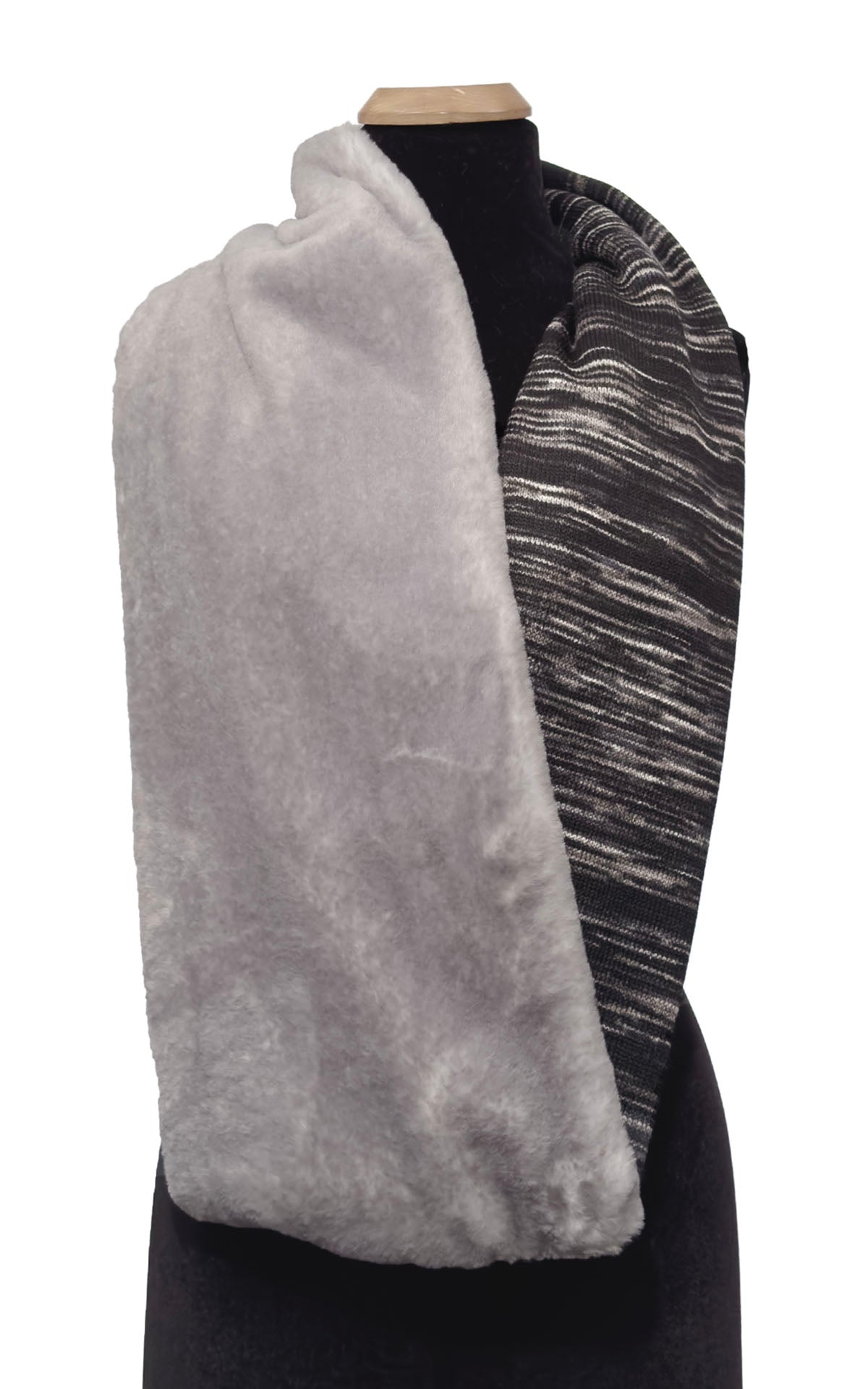 Infinity Scarf in Blackberry Cobbler Knit and Olympic Fog Faux Fur. This two-tone infinity scarf is shown draped loosely around the mannequin. Made in Seattle, WA, USA by Pandemonium Seattle.