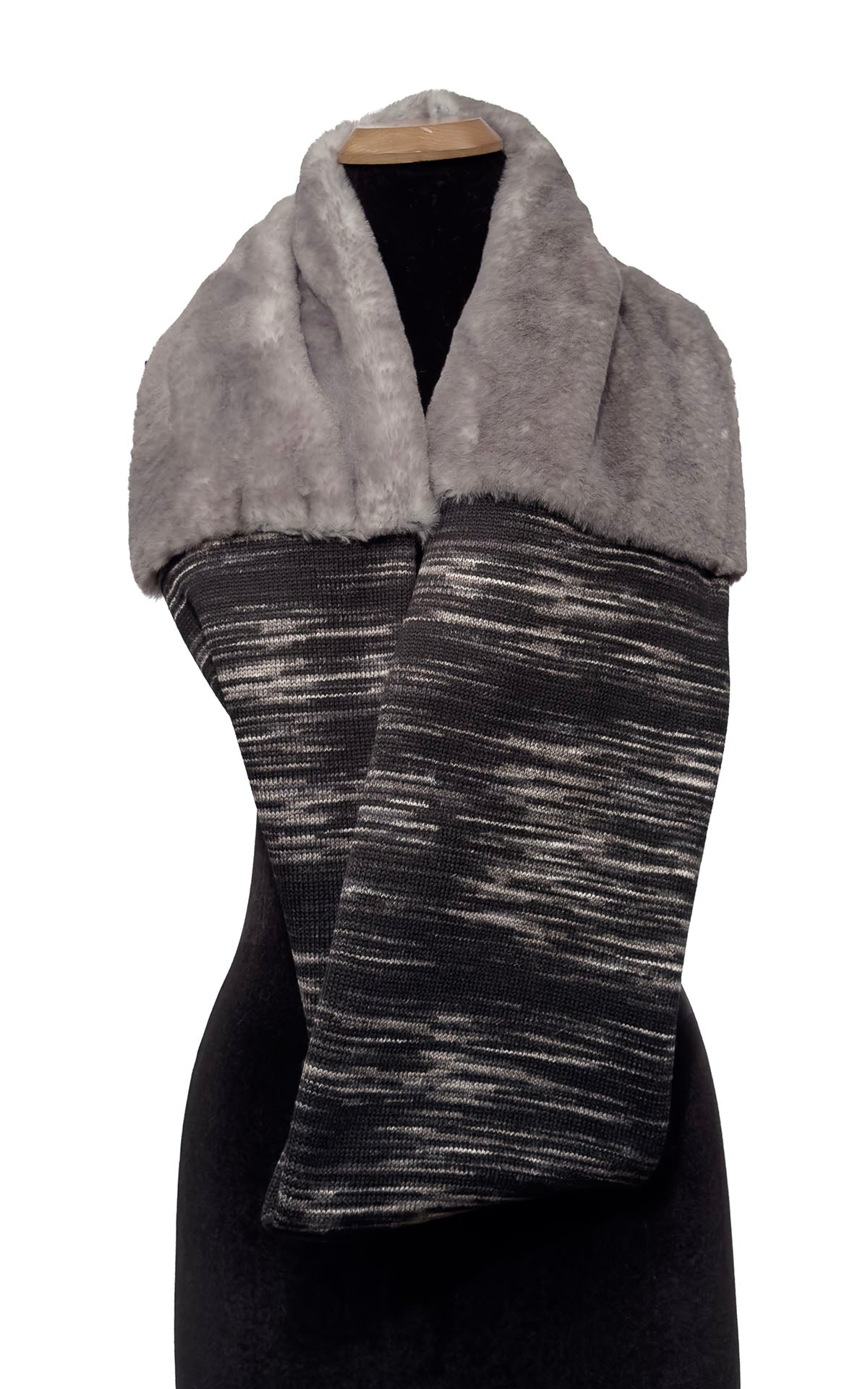 Infinity Scarf in Blackberry Cobbler Knit and Olympic Fog Faux Fur. Shown with Olympic Fog Faux Fur draped around neckline and Blackberry Cobbler Knit below. Made in Seattle, WA, USA by Pandemonium Seattle.