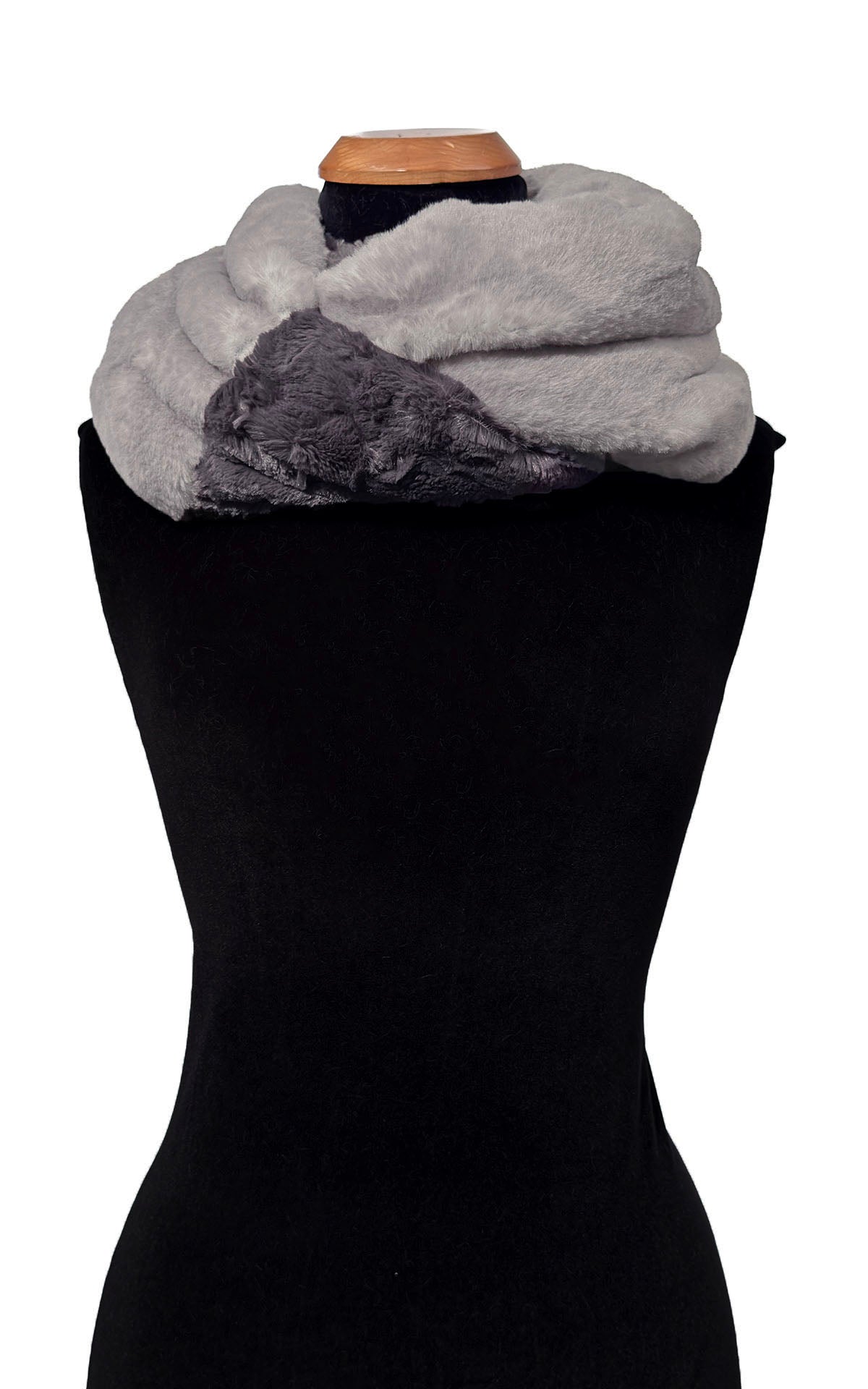 Two-Tone-Infinity Scarf in Coastal Plush Olympic Fog Faux Fur and Cuddly Smoky Faux Fur. Shown worn looped twice. Made in Seattle, WA, USA by Pandemonium Seattle.