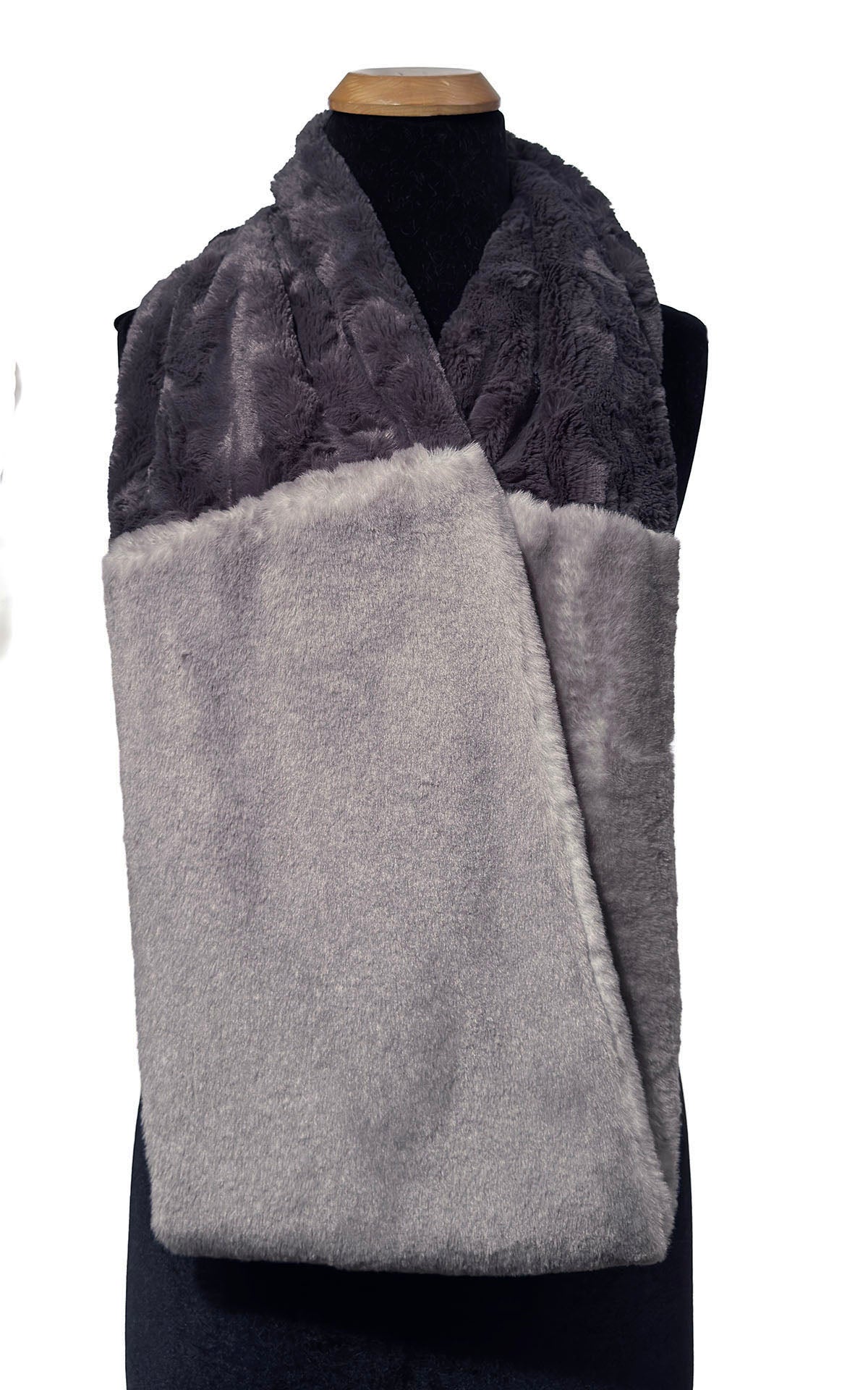 Two-Tone-Infinity Scarf in Coastal Plush Olympic Fog Faux Fur and Cuddly Smoky Faux Fur. Shown worn loosely across body. Made in Seattle, WA, USA by Pandemonium Seattle.