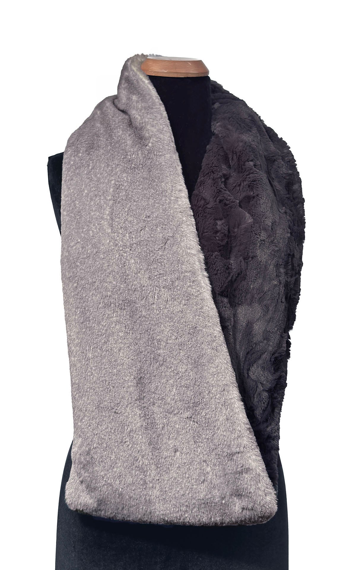Two-Tone-Infinity Scarf in Coastal Plush Olympic Fog Faux Fur and Cuddly Smoky Faux Fur. Shown worn loosely across body to display both colors. Made in Seattle, WA, USA by Pandemonium Seattle.