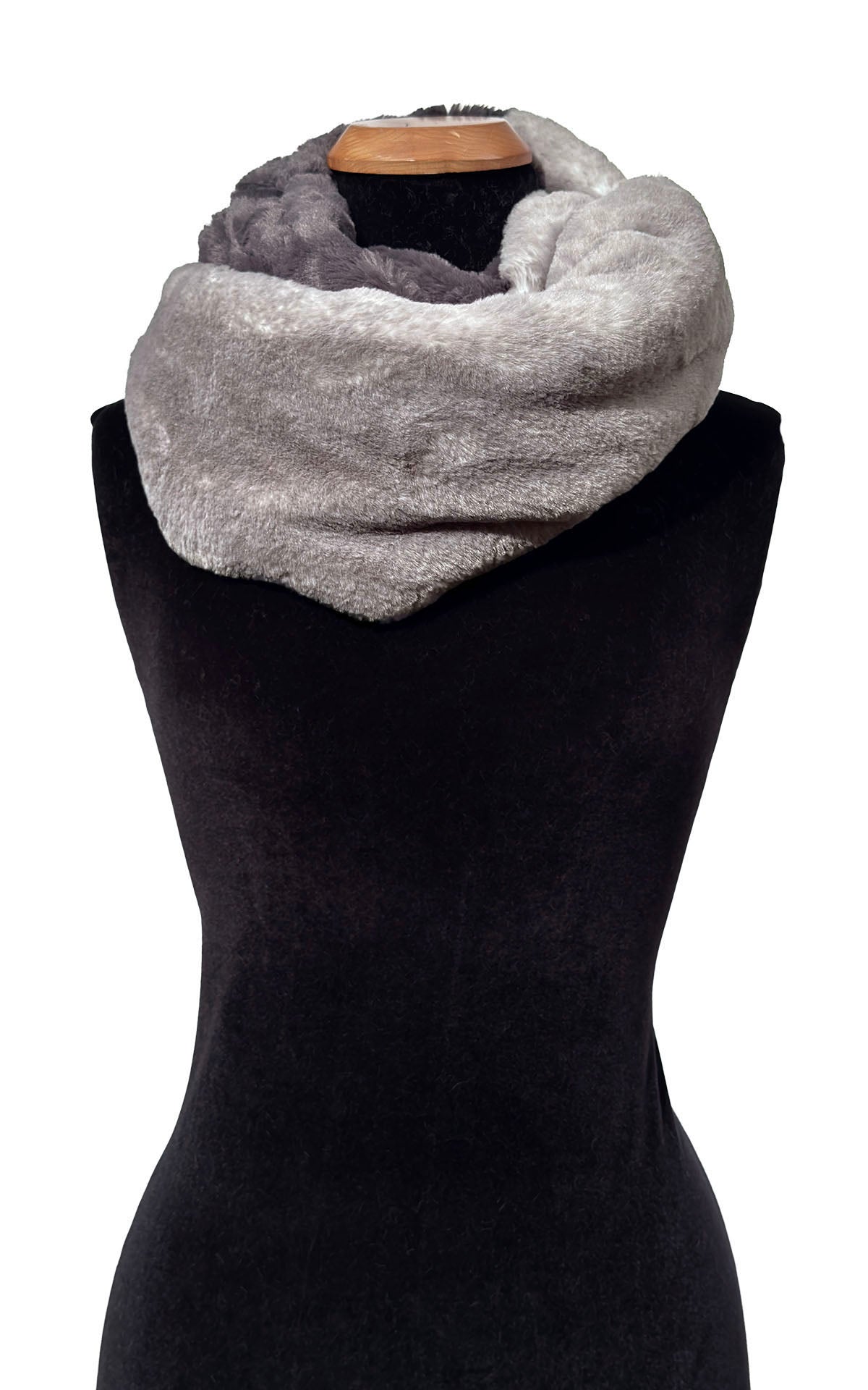 Two-Tone-Infinity Scarf in Coastal Plush Olympic Fog Faux Fur and Cuddly Smoky Faux Fur. Shown worn looped twice. Made in Seattle, WA, USA by Pandemonium Seattle.