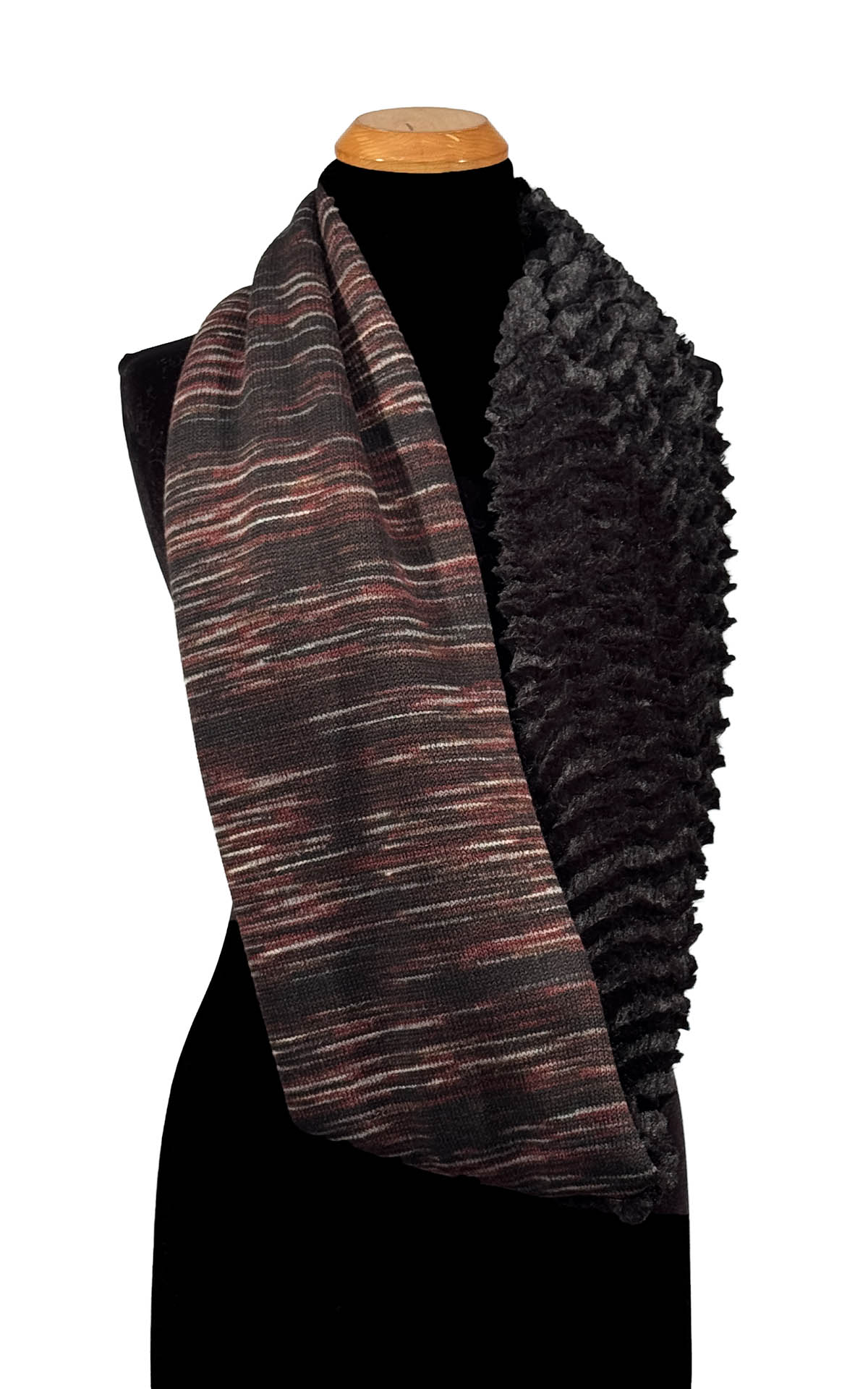 Infinity Scarf in Cherry Cordial Knit and Desert Sand Midnight Faux Fur. Shown draped loosely around mannequin. Made in Seattle, WA, USA by Pandemonium Seattle.
