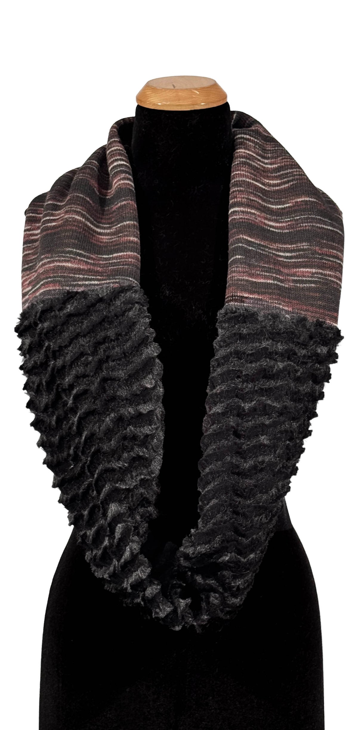 Infinity Scarf in Cherry Cordial Knit and Desert Sand Midnight Faux Fur. Shown with Cherry Cordial draped around neckline and Desert Sand Midnight below. Made in Seattle, WA, USA by Pandemonium Seattlle.