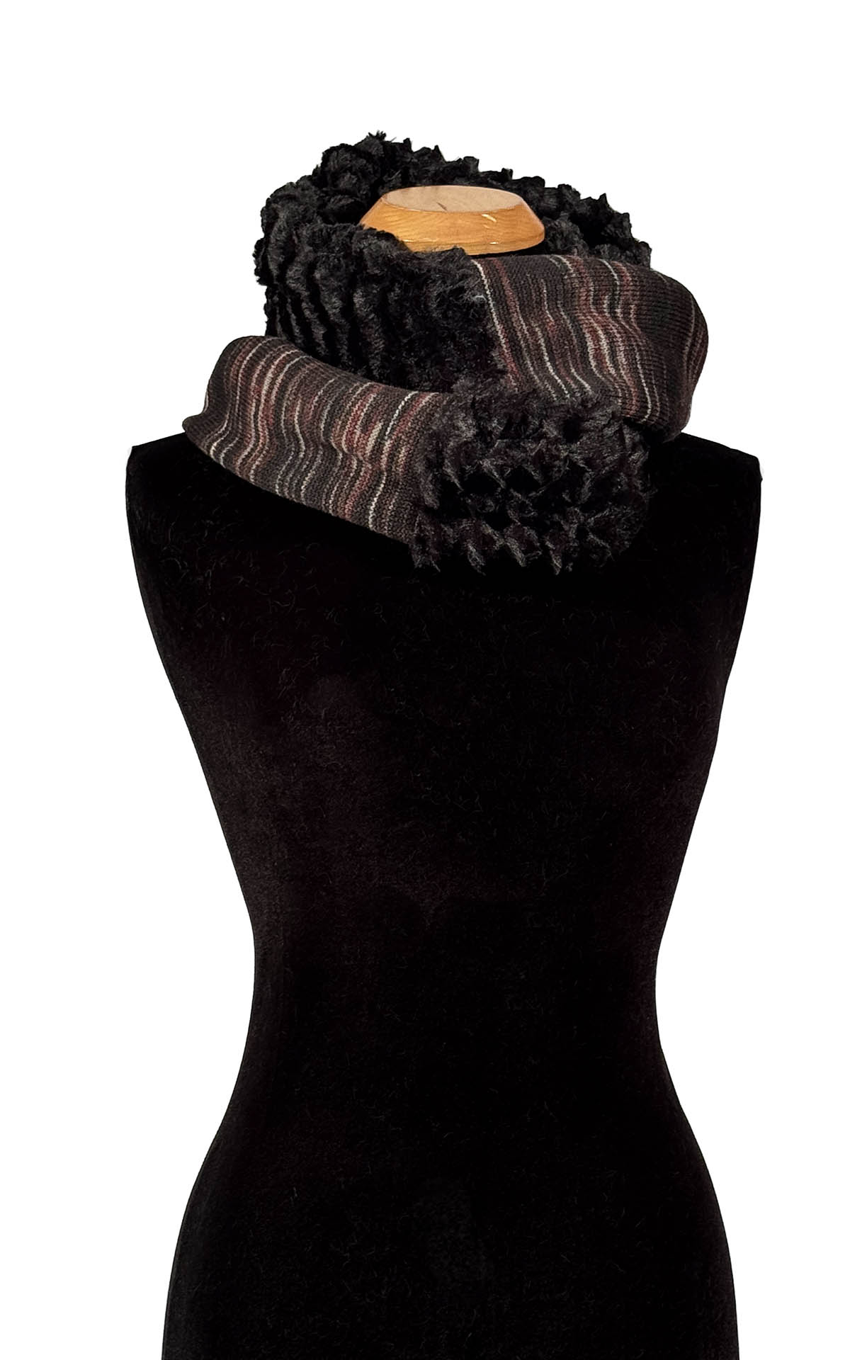 Infinity Scarf in Cherry Cordial Knit and Desert Sand Midnight Faux Fur. Additional view of draped around neckline. Made in Seattle, WA, USA by Pandemonium Seattle.