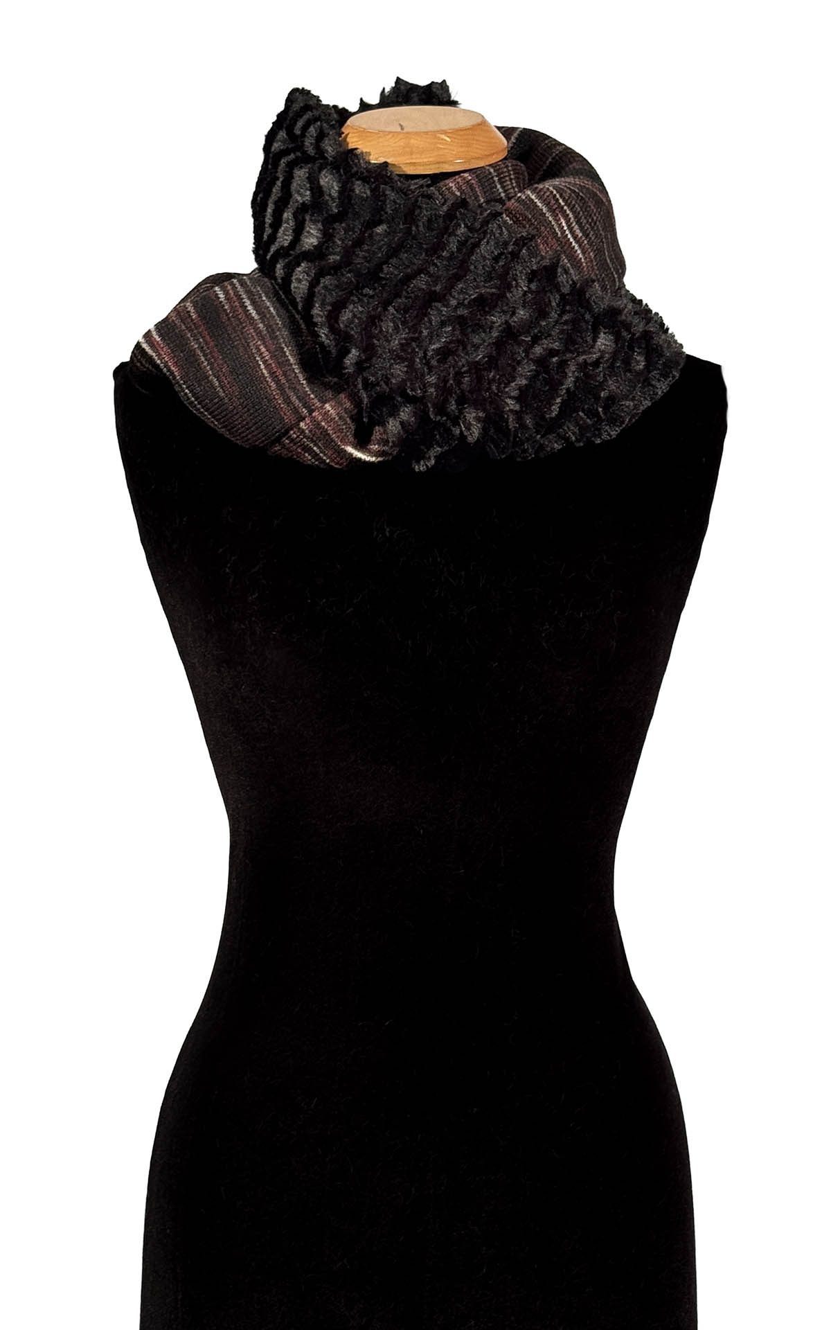 Infinity Scarf in Cherry Cordial Knit and Desert Sand Midnight Faux Fur. Shown draped around neckline. Made in Seattle, WA, USA by Pandemonium Seattle.