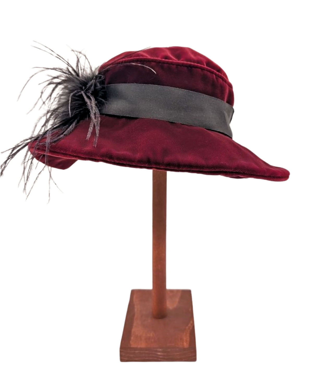 Side View of Katherine Wide Brim Hat in Bordeaux Velvet | Black Band featuring Black Ostirch Feather Brooch | Handmade By Pandemonium Millinery | Seattle WA