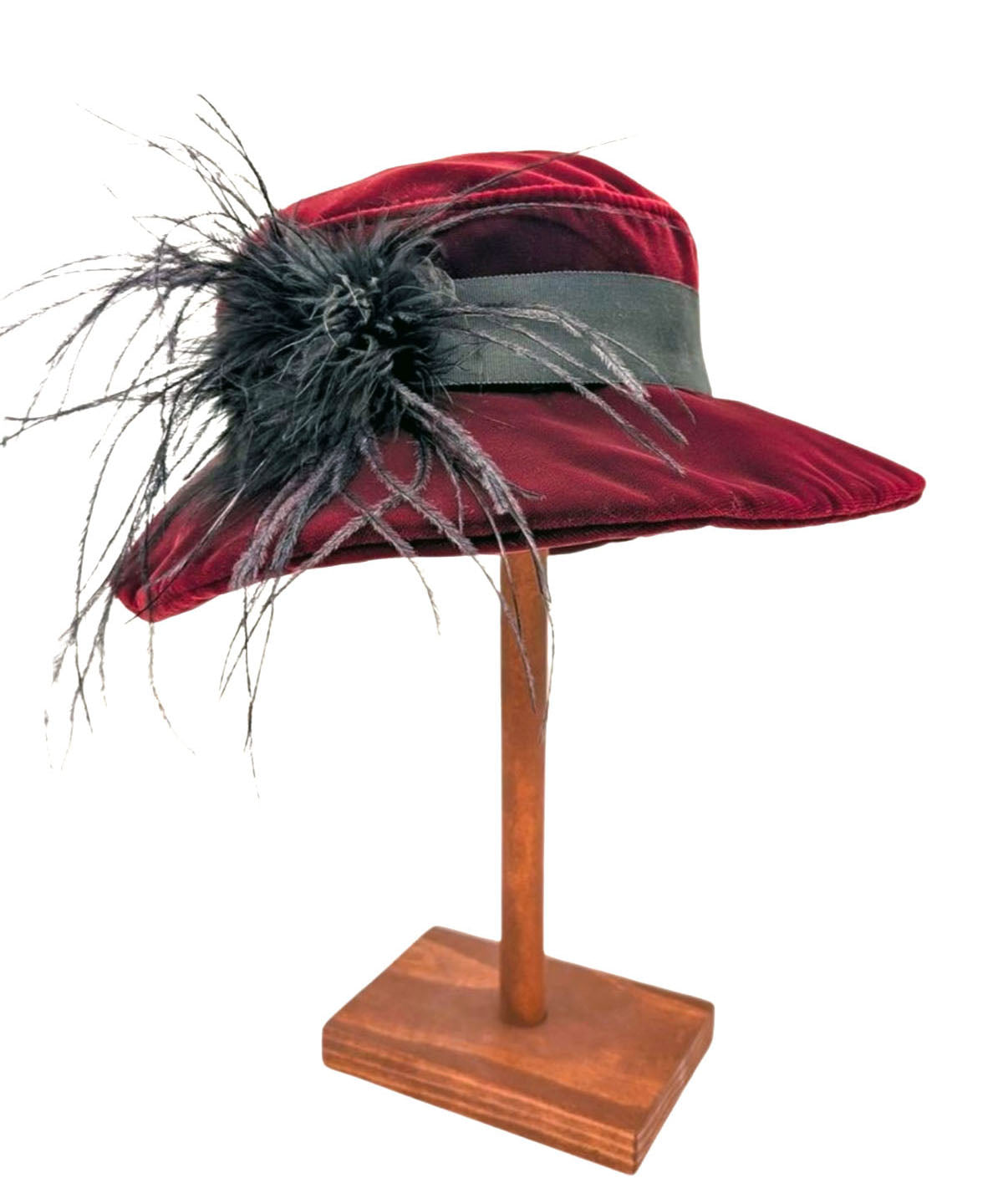 Side View of Katherine Wide Brim Hat in Bordeaux Velvet | Black Band featuring Black Ostirch Feather Brooch | Handmade By Pandemonium Millinery | Seattle WA