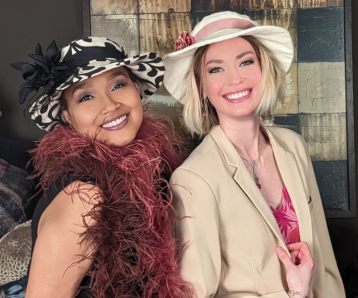 Two Woman Wearing  Katherine Wide Brim Hats By Pandemonium Millinery in Seattle WA
