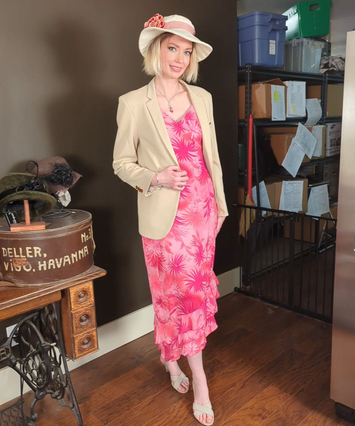 Woman wearing the Katherine Wide Brim Hat in Seashell Linen with Custom Pink Velvety Flower | Handmade By Pandemonium  in Seattle WA