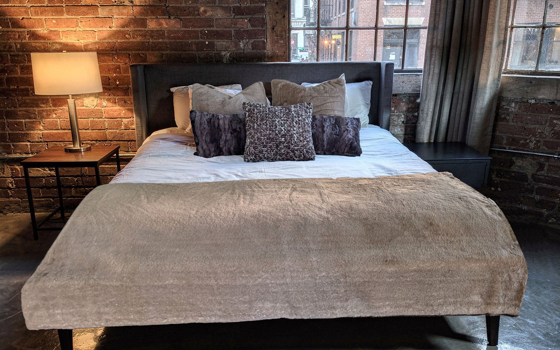 Luxury Faux Fur Throw Blanket in Coastal Plush Golden Bluff faux fur. Made in Seattle, WA, USA by Pandemonium Seattle.