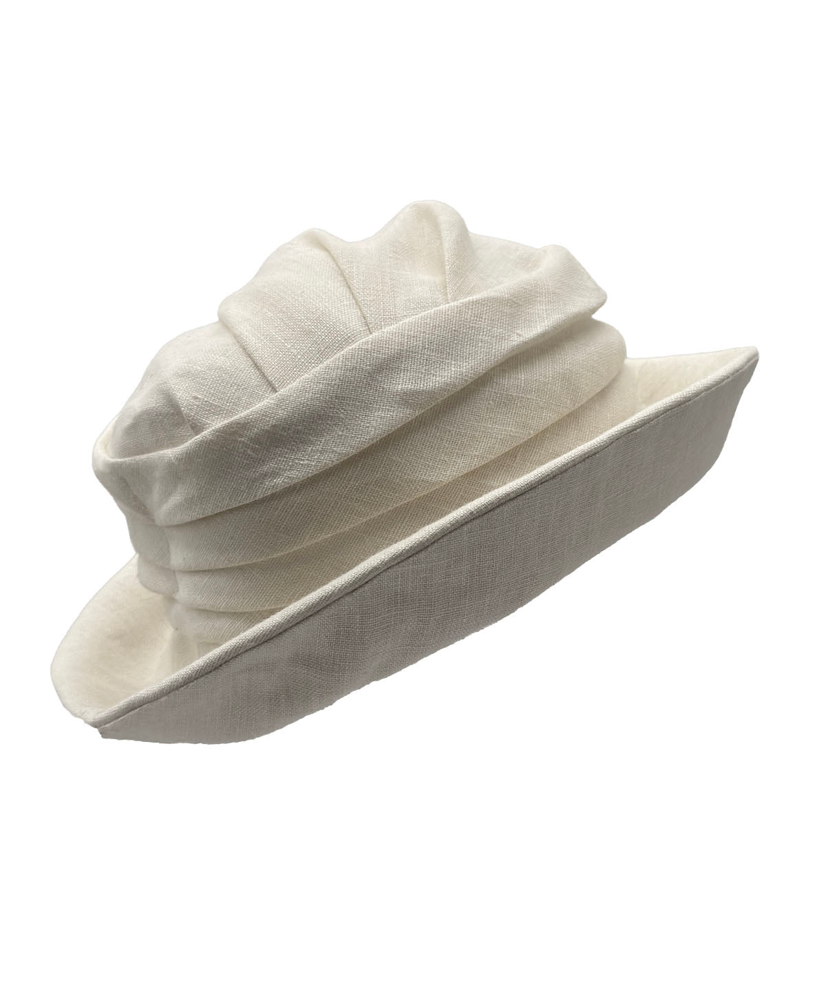 Krystyne Bucket Hat Linen in Seashell with ruching detail, shown with brim turned up. Made in Seattle, WA, USA by Pandemonium Seattle.