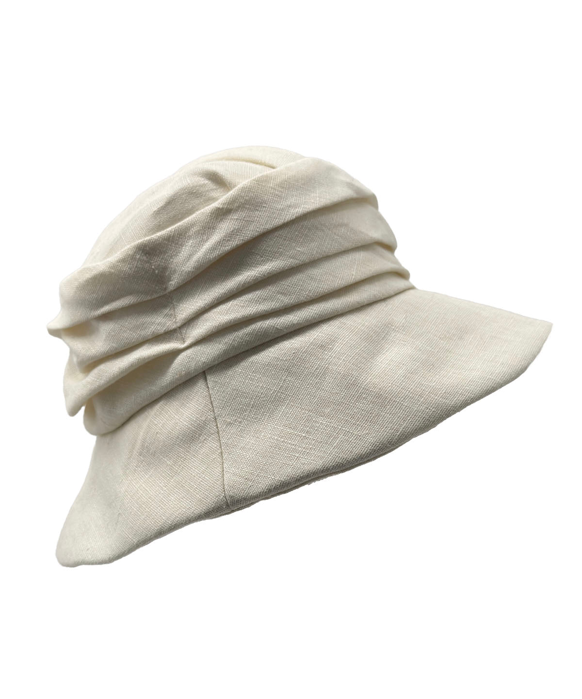 Woman wearing Cuffed Krystyne Bucket Hat in Natural Linen Handmade in Seattle WA by Pandemonium Millinery USA