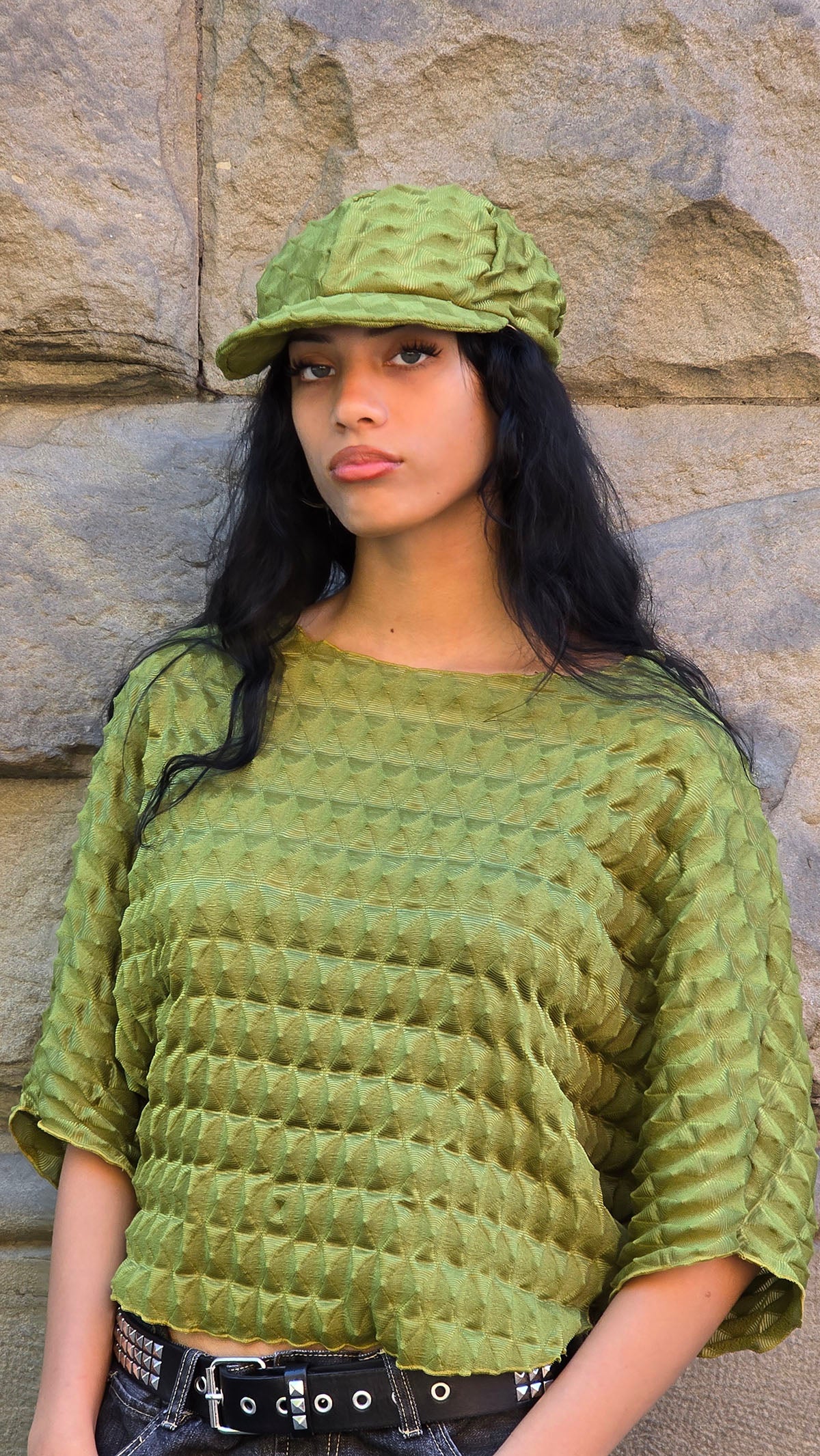 Woman wearing the LYC Fractal Bat Wing Top in Avocado. Made in Seattle, WA, USA by LYC/Pandemonium Seattle.
