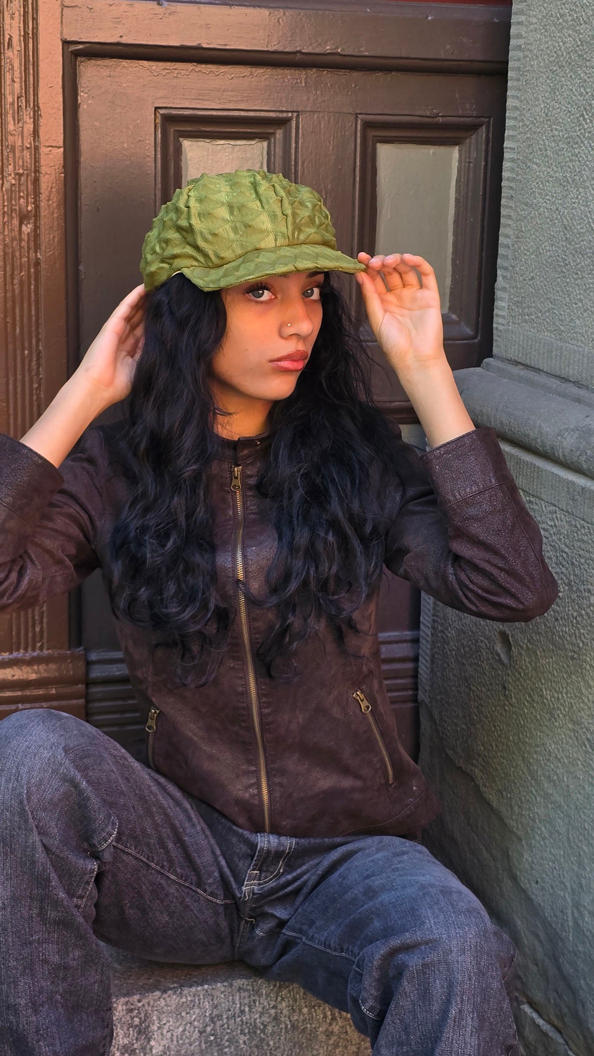 LYC Fractal Dianne Cap in Avocado by a woman showing the cap in profile. Made in Seattle, WA, USA by Pandemonium Seattle.