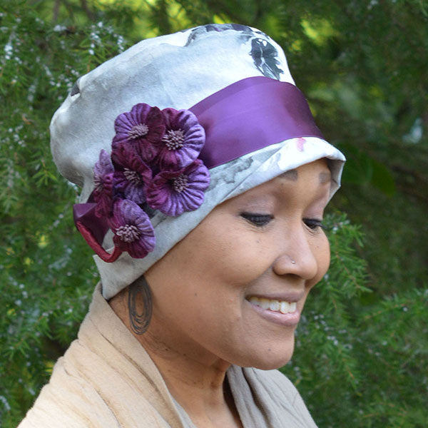 Lola Cloche Hat in Multi Floral Linen with Plum Satin Band - Handmade Spring Collection by Pandemonium Millinery Seattle