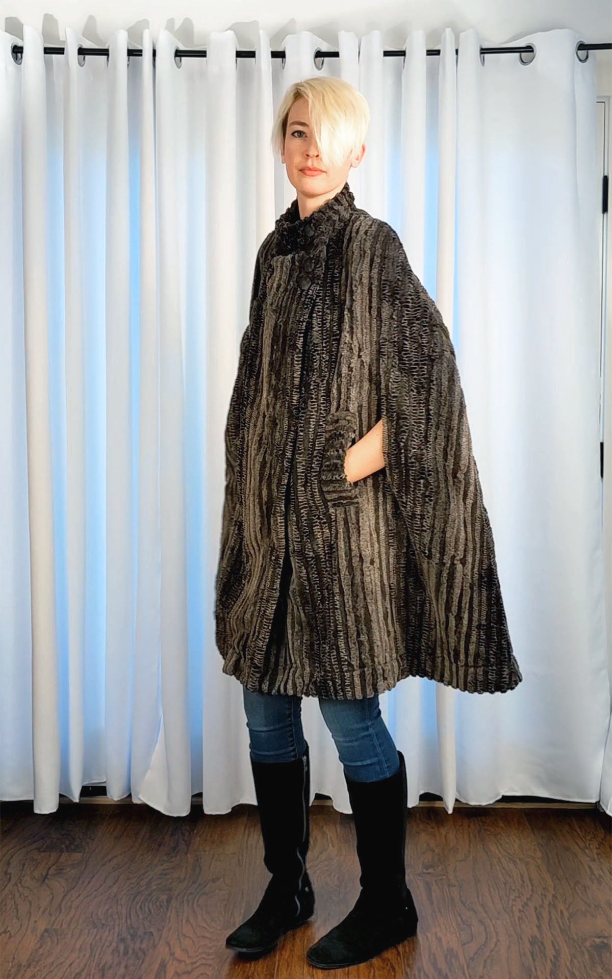 Long Cape Luxury Faux Fur in Rattle N Shake handmade by Pandemonium Seattle