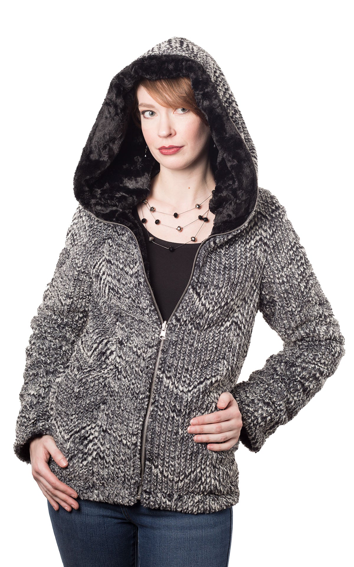 Loren Coat | Cozy Cable Faux Fur lined Black | Handmade USA by Pandemonium Seattle