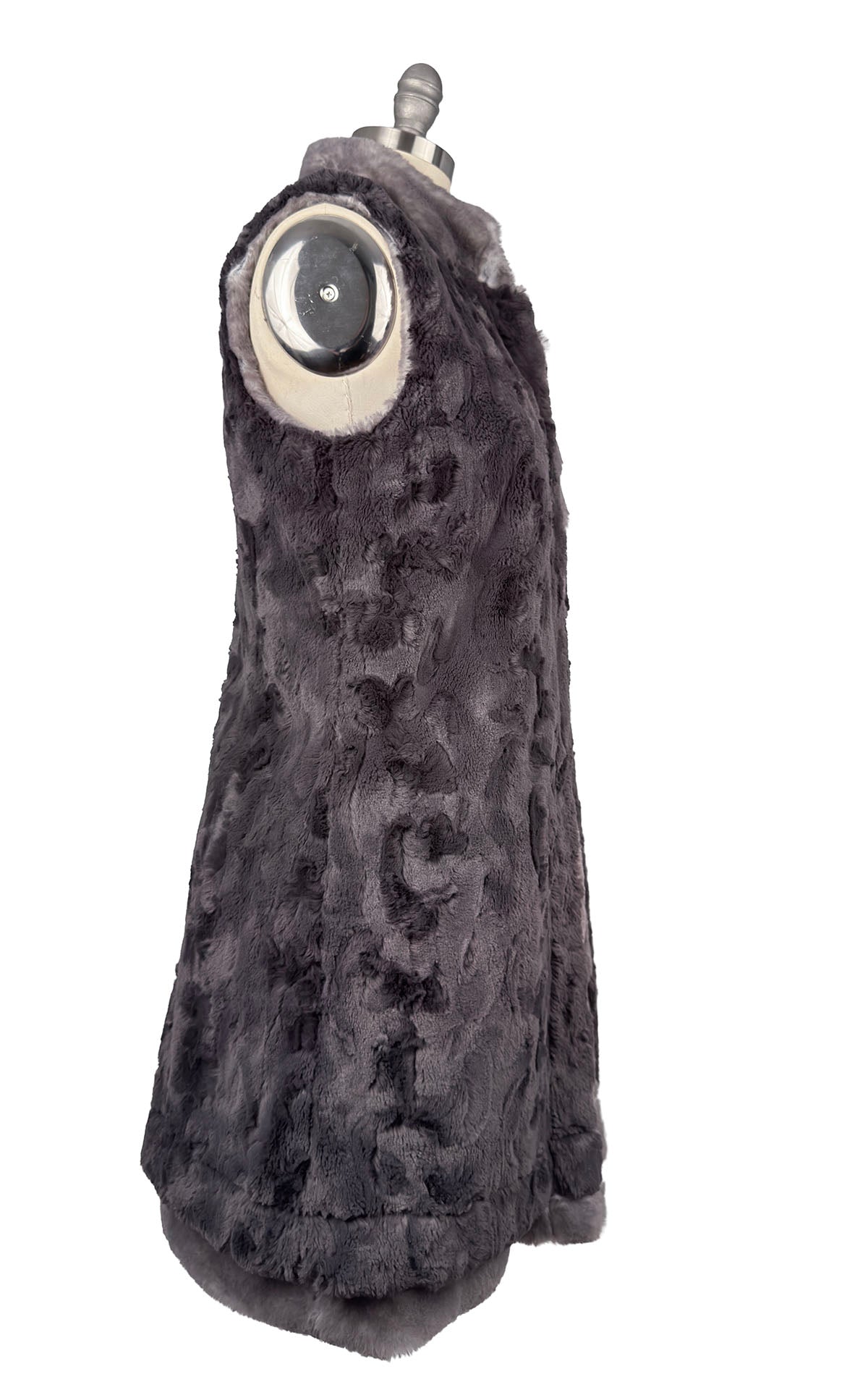 Mandarin Vest in Coastal Plush Olympic Fog Faux Fur with Cuddly Smoky Faux Fur on lining side. Shown in side profile, reversed to display Smoky with Olympic Fog collar and trim. Made in Seattle, WA, USA by Pandemonium Seattle.