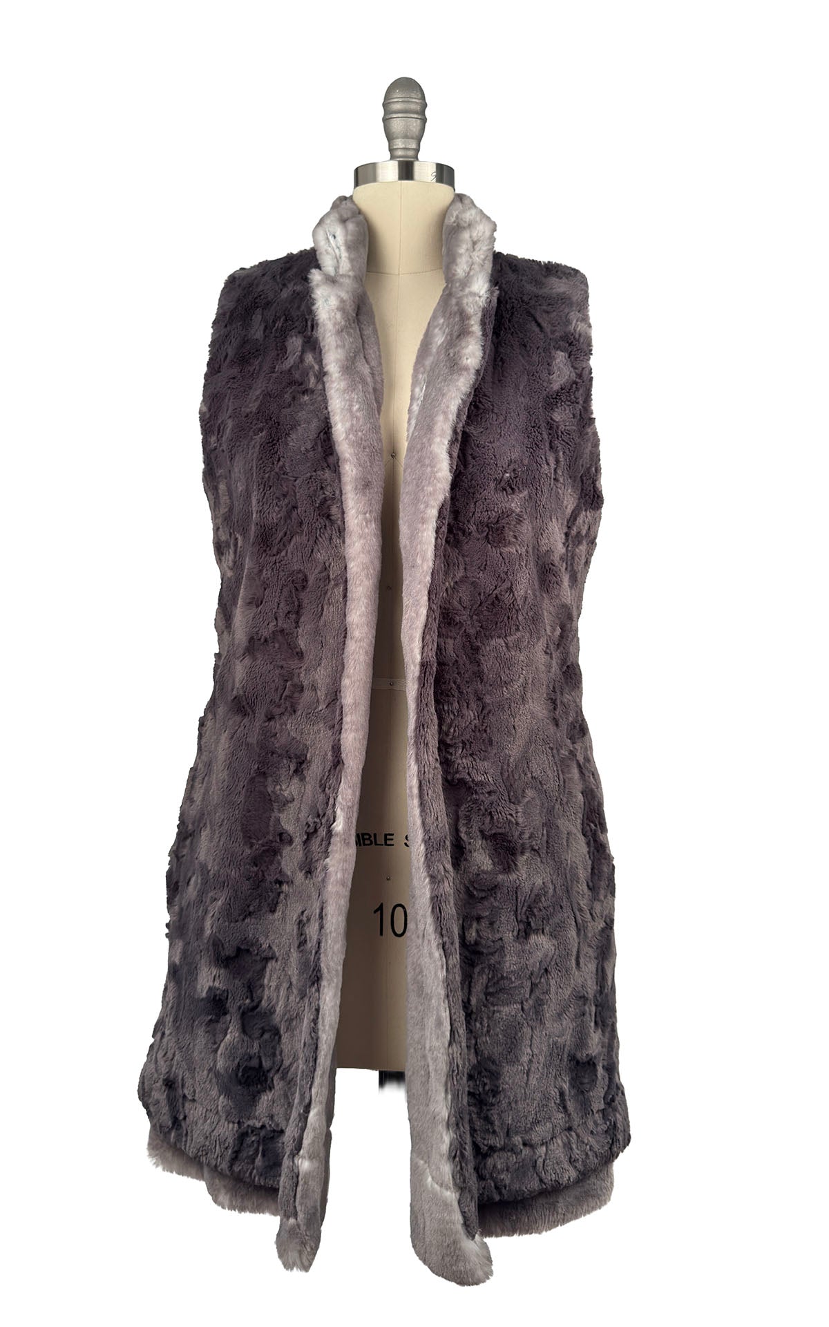 Mandarin Vest in Coastal Plush Olympic Fog Faux Fur with Cuddly Smoky Faux Fur on lining side. Shown reversed to display Smoky with Olympic Fog collar and lapels. Made in Seattle, WA, USA by Pandemonium Seattle.