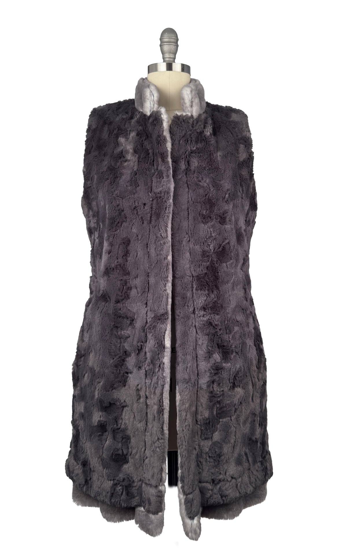 Mandarin Vest in Coastal Plush Olympic Fog Faux Fur with Cuddly Smoky Faux Fur on lining side.  Made in Seattle, WA, USA by Pandemonium Seattle.