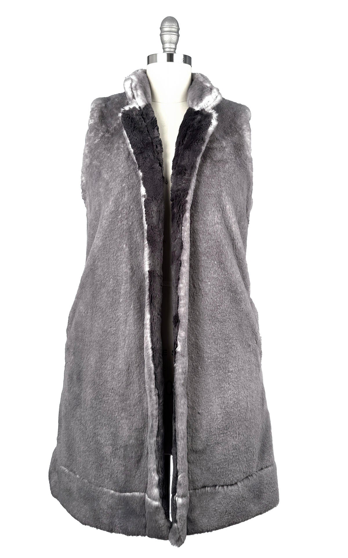 Mandarin Vest in Coastal Plush Olympic Fog Faux Fur with Cuddly Smoky Faux Fur on lining side.  Made in Seattle, WA, USA by Pandemonium Seattle.