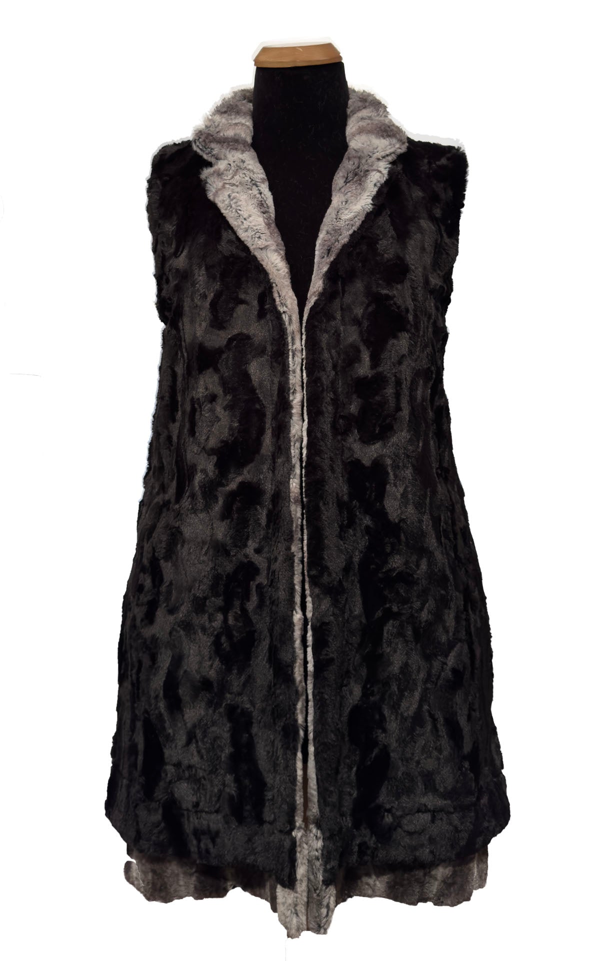 The Mandarin Vest in Classic Luxury Rock Steady Faux Fur with Cuddly Black Faux Fur on reverse side. Shown reversed to the Cuddly Black side with the collar and lapel folded down. Made in Seattle, WA, USA by Pandemonium Seattle.