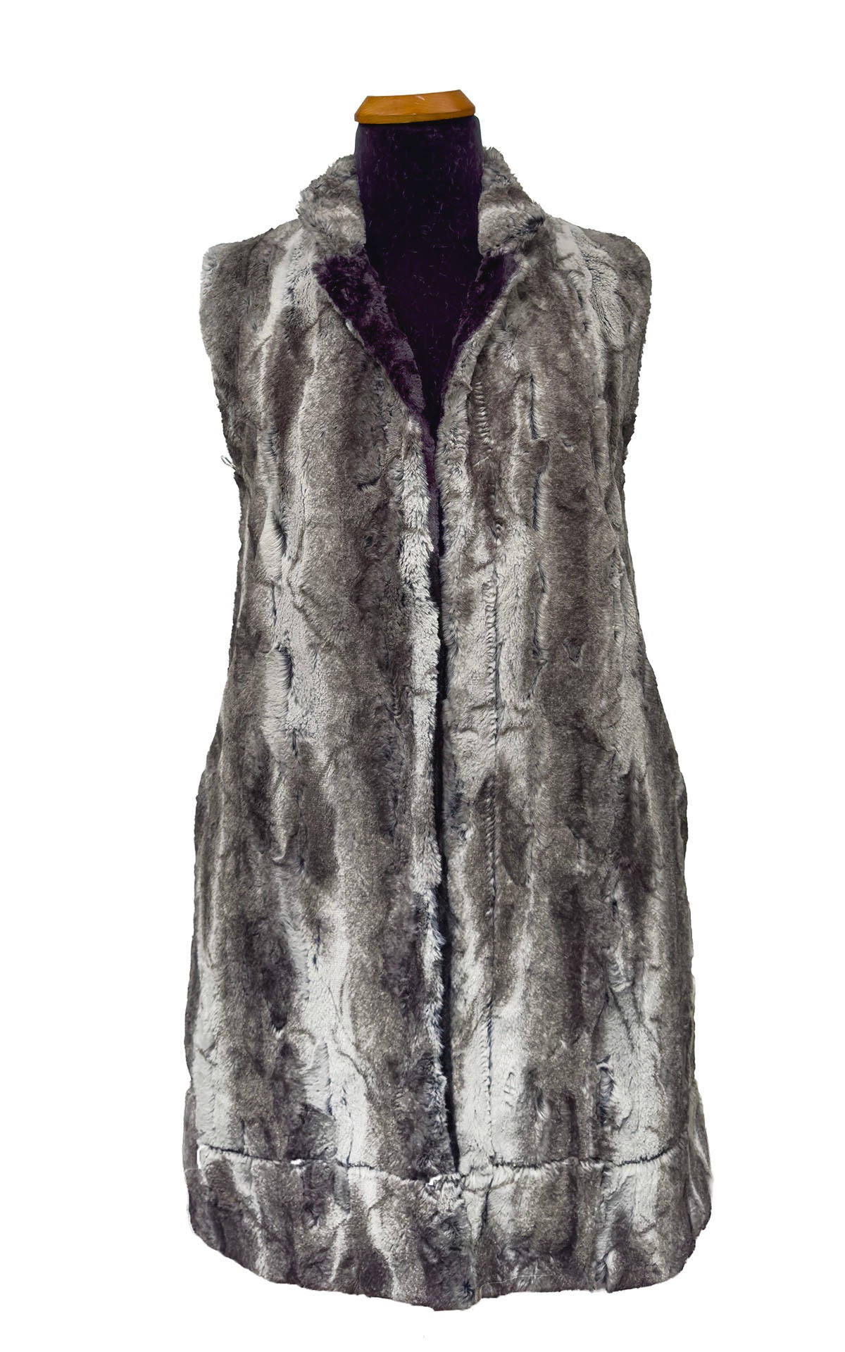 The Mandarin Vest in Classic Luxury Rock Steady Faux Fur with Cuddly Black Faux Fur on reverse side. Shown with the collar and lapel folded down. Made in Seattle, WA, USA by Pandemonium Seattle.