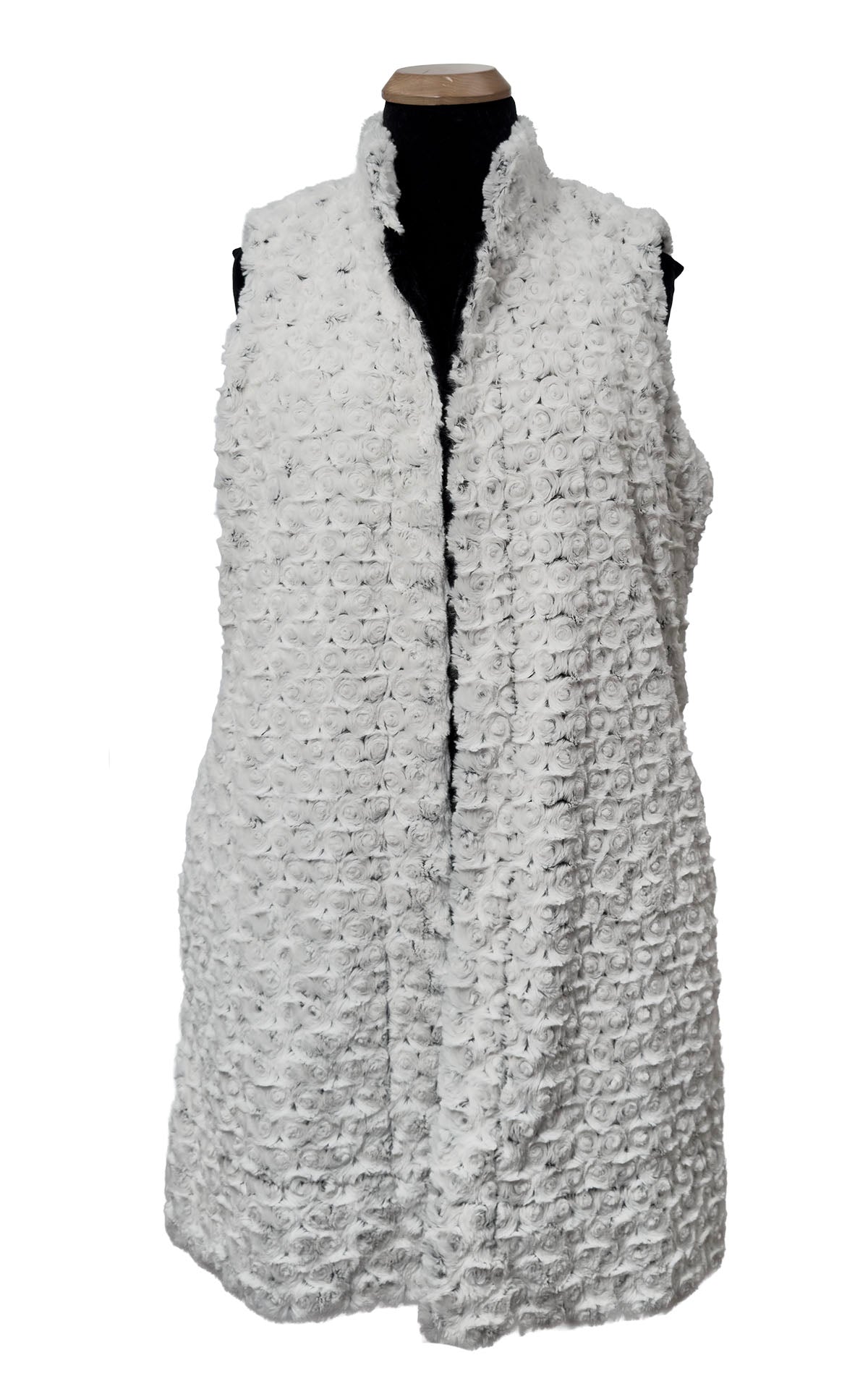 Mandarin Vest in Classic Luxury Rosebud Black Faux Fur with Cuddly Black Faux Fur on the reverse side. Made in Seattle, WA, USA by Pandemonium Seattle.