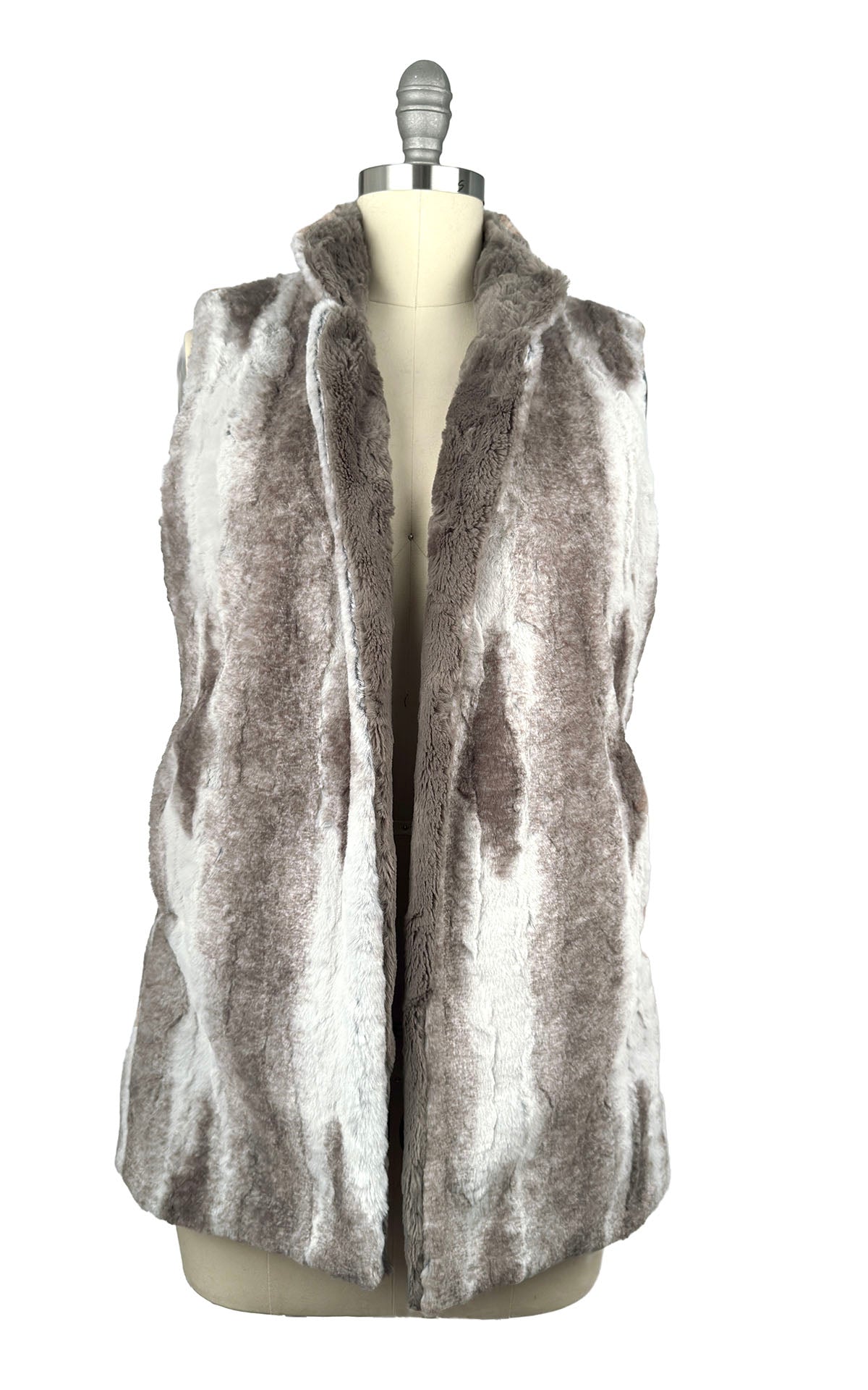Mandarin Vest Short in Luxury Driftwood Faux Fur and lined in Cuddly Taupey, shown with lapels and collar turned up. The Mandarin Vest Short is reversible too. Made in Seattle, WA, USA by Pandemonium Seattle.