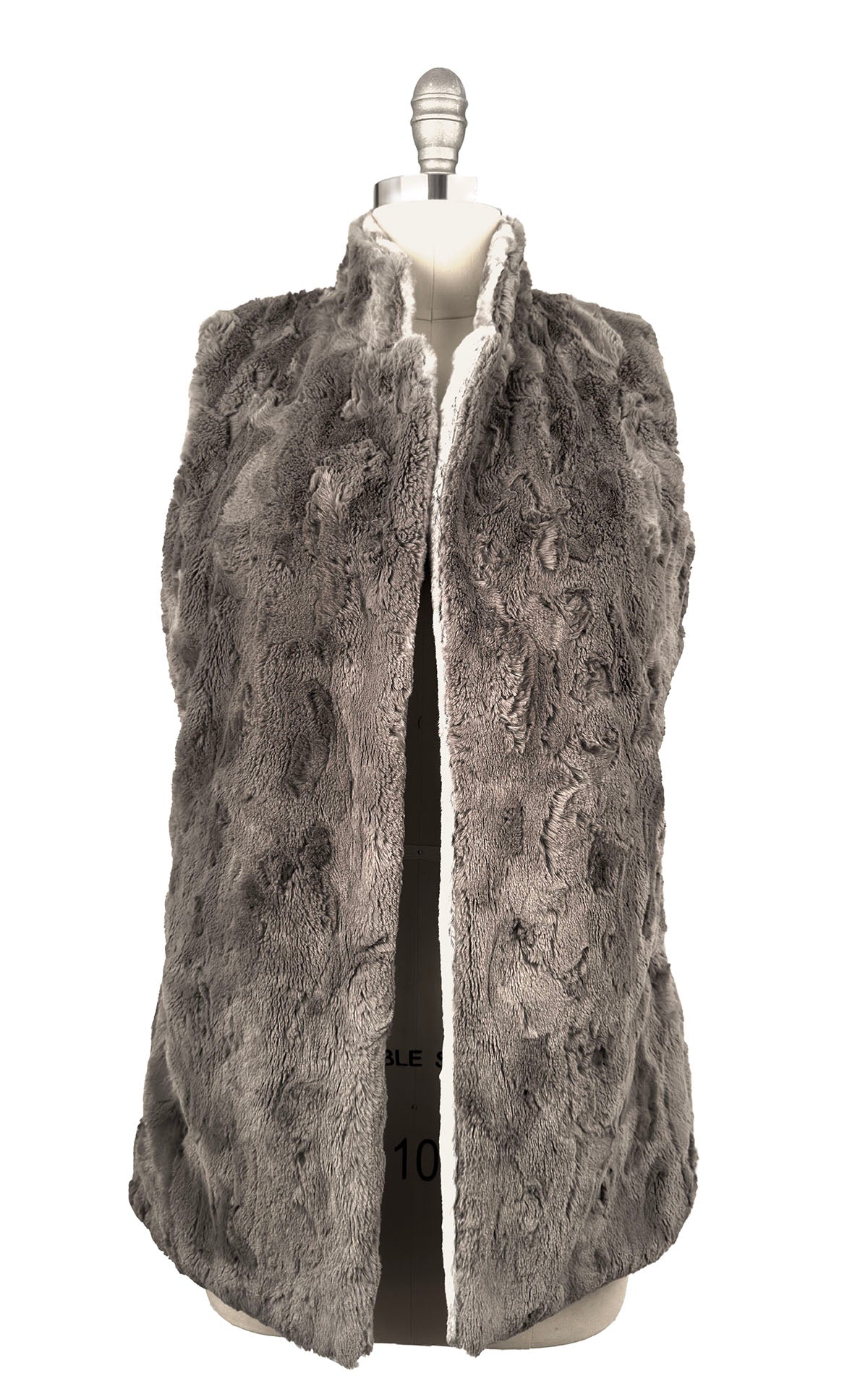 Mandarin Vest Short in Luxury Driftwood Faux Fur and lined in Cuddly Taupey, and is reversible. Shown reversed to display Cuddly Taupey Faux Fur. Made in Seattle, WA, USA by Pandemonium Seattle.