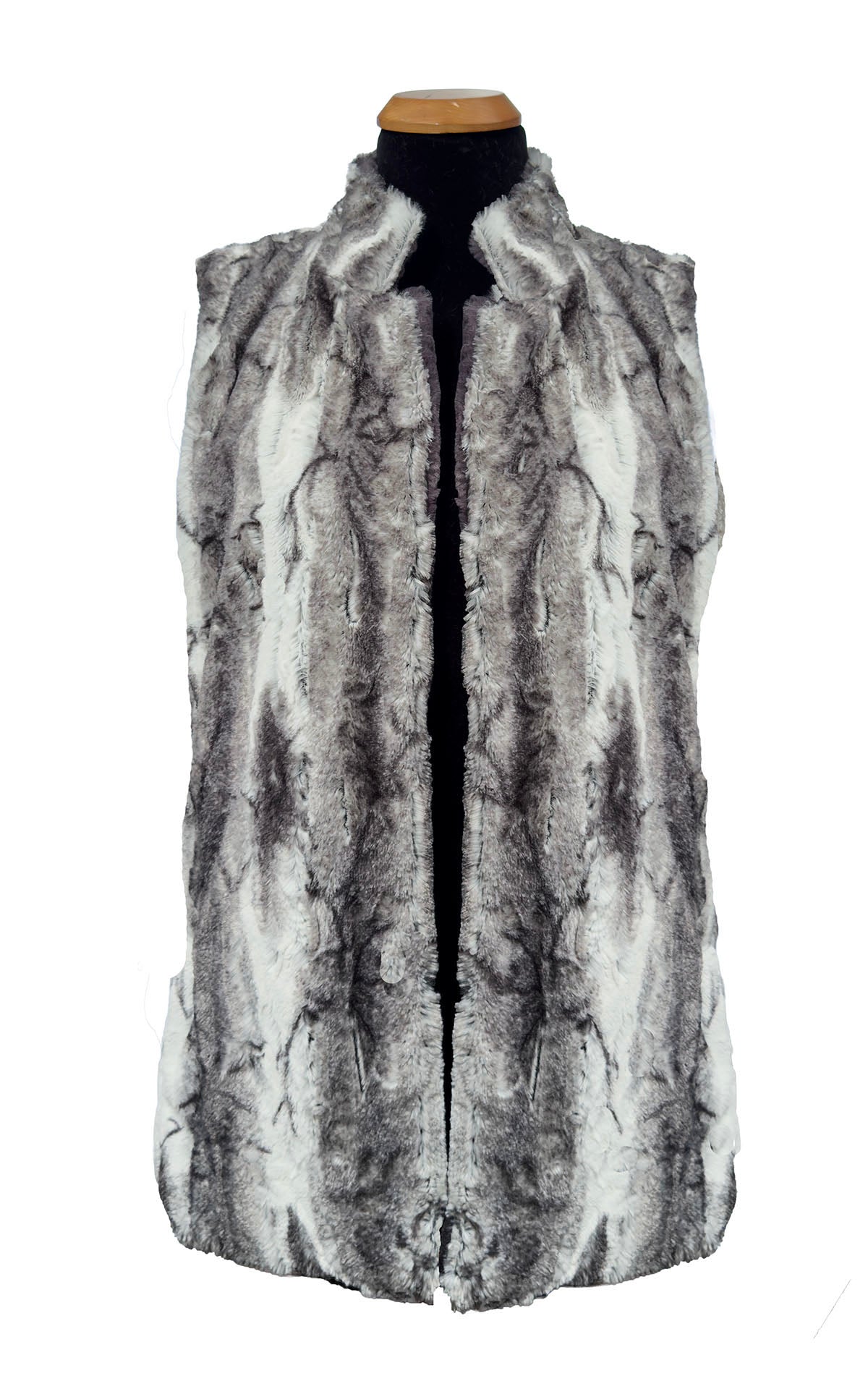 The Mandarin Vest Short in Classic Luxury  Smoke Show Faux Fur with Cuddly Smoky Faux Fur on the reverse side. Shown with the collar and lapels turned upright in mandarin style. Made in Seattle, WA, USA by Pandemonium Seattle.