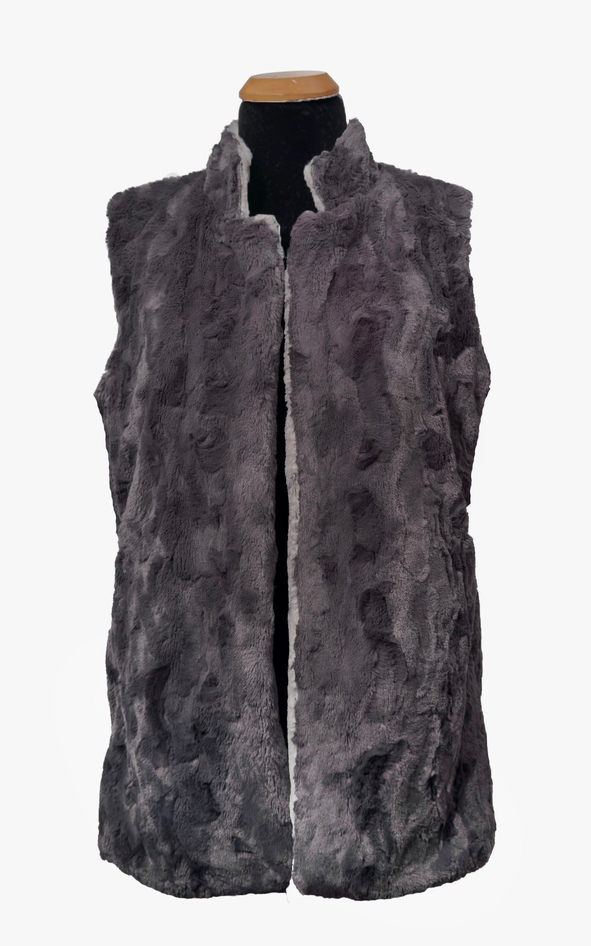 The Mandarin Vest Short in Classic Luxury  Smoke Show Faux Fur with Cuddly Smoky Faux Fur on the reverse side. Shown  reversed to Cuddly Smoky faux fur side with the collar and lapels turned upright in mandarin style. Made in Seattle, WA, USA by Pandemonium Seattle.